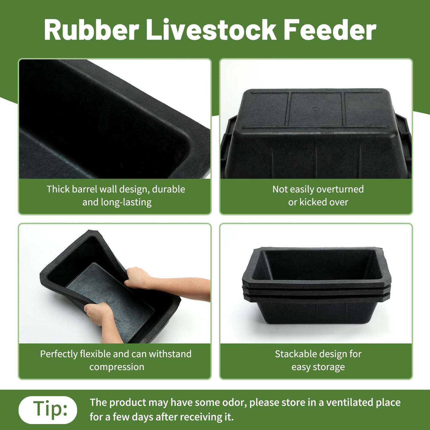 Bandeja de alimentación de goma de 3 piezas, cubo de alimentación para caballos de 10 cuartos, cubo de alimentación grande, cuenco resistente para perros, comedero de goma para caballos, para perros,