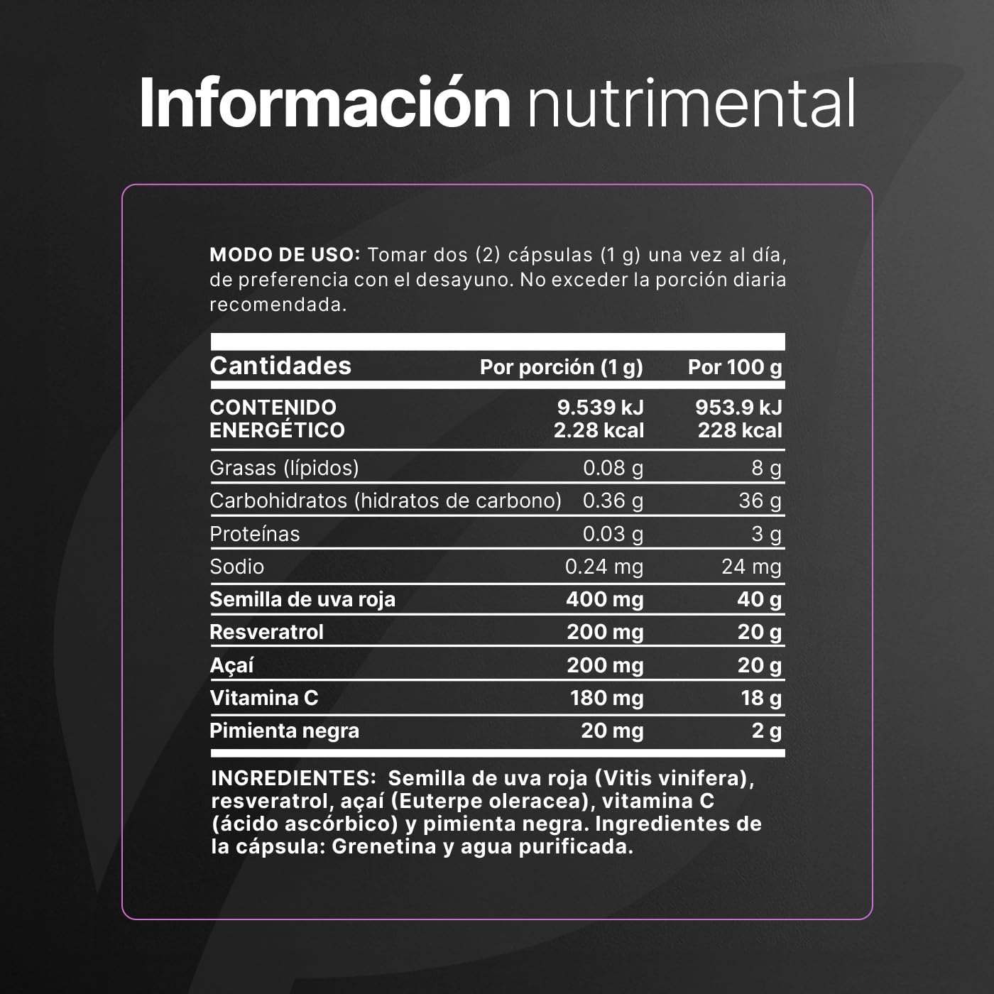 B Life Resveratrol 100 Cápsulas | Antioxidante con Pimienta negra, Uva Roja, Acai y Vitamina C |1000 mg por porción. Ingredientes Naturales.