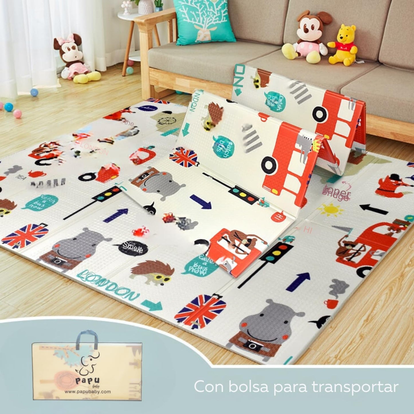 PAPU BABY Tapete de juego Plegable 1.55 x 2.00 para Bebés Doble Vista. Baby Play Mat. (Oso)