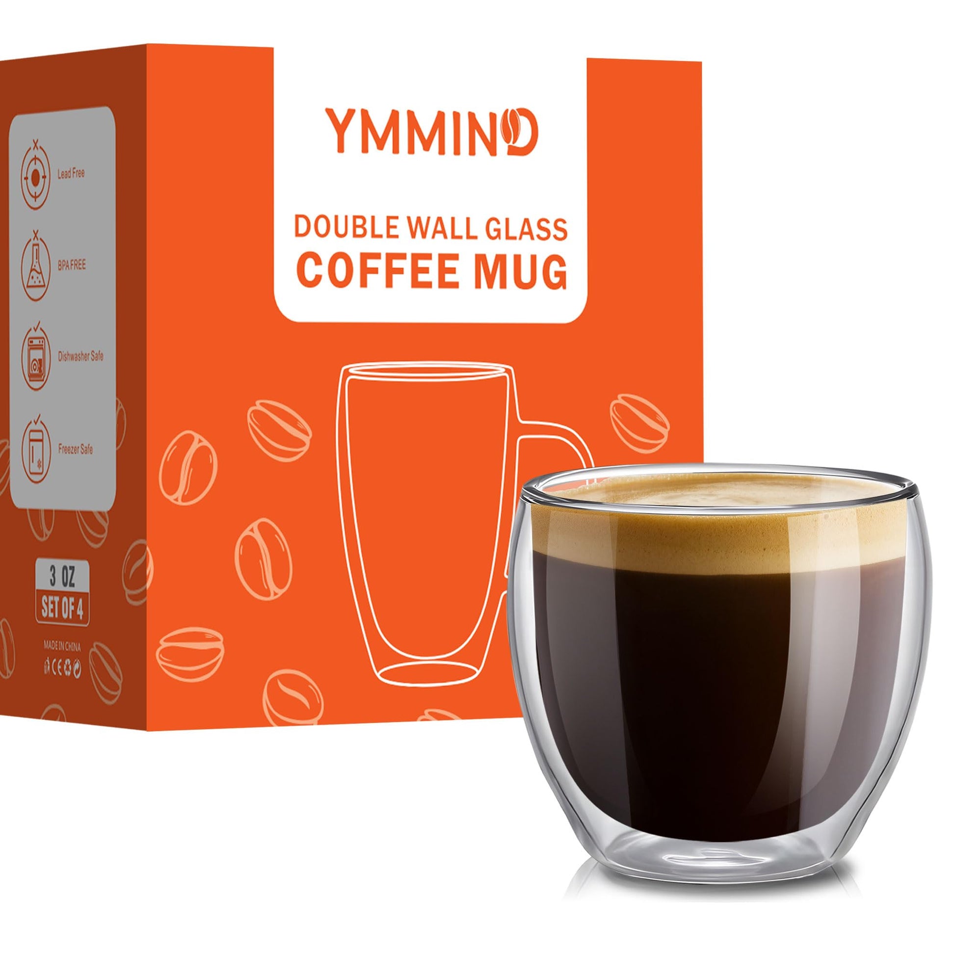 Juego de Tazas de Café YMMIND Vidrio Transparente de Doble Pared y Borosilicato Aislado para Bebidas Calientes o Frías