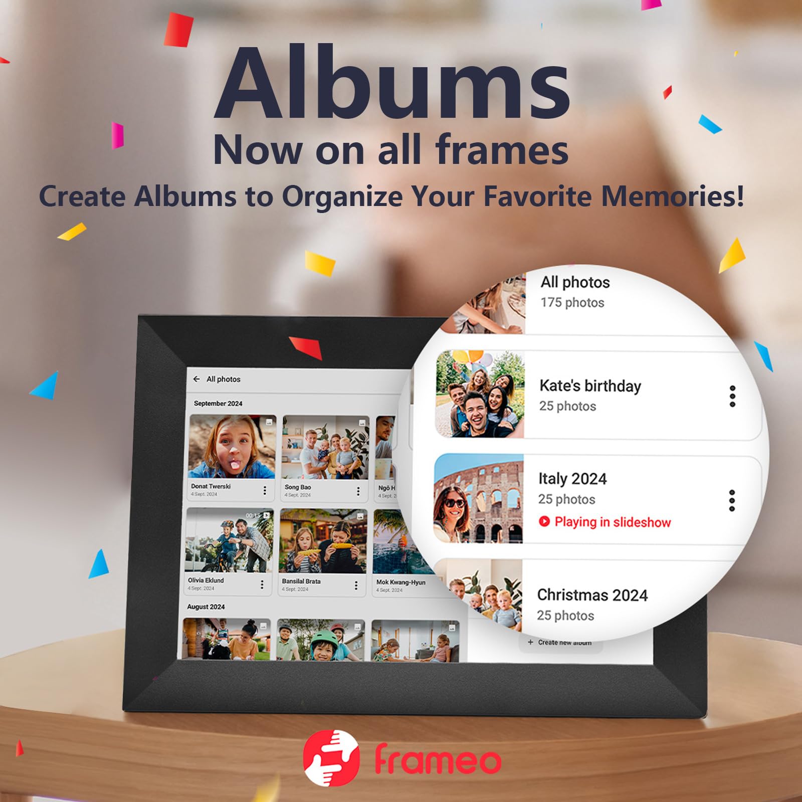 FRAMEO - Marco de fotos digital WiFi inteligente de 32 GB de 10.1 pulgadas, visualización táctil LCD IPS de 1280 x 800 pulgadas, rotación automática de retrato y paisaje, memoria integrada de 32 GB,