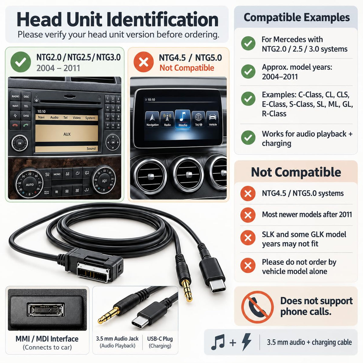 Cable de Carga Auxiliar Shinetec MMI MDI Negro Compatible con IP 14 13 12 para Mercedes-Benz