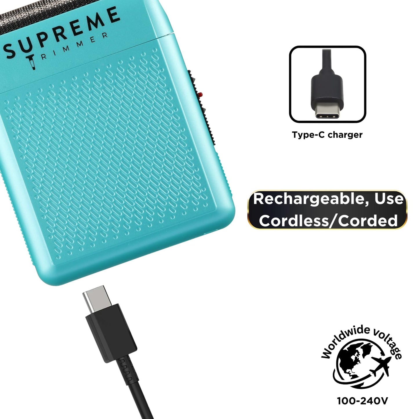 Supreme Trimmer Solo afeitadora de una sola lámina para bolsillo, tiempo de ejecución de 150 minutos, uso inalámbrico, potente mini maquinilla de afeitar de viaje USB-C para uso profesional y