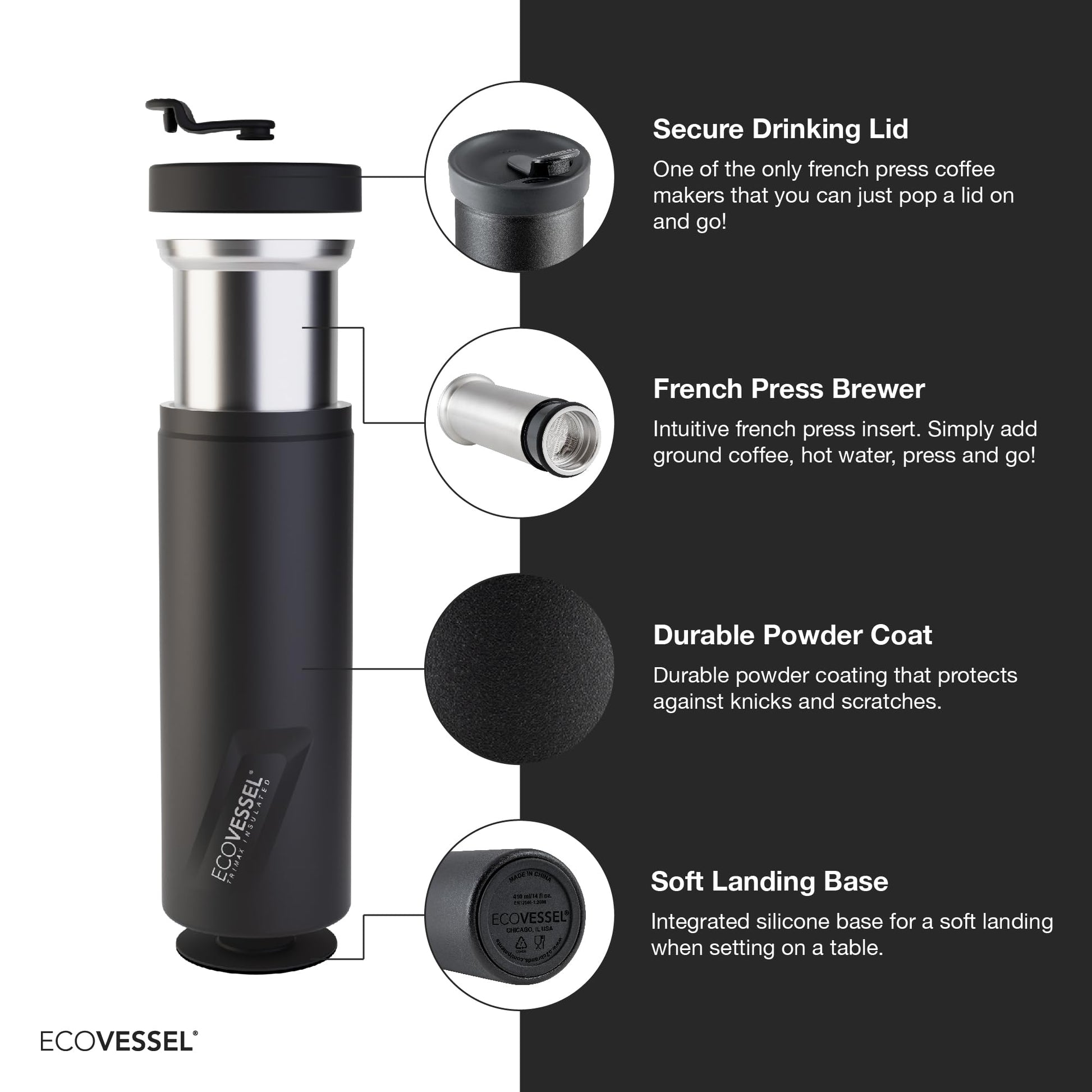 EcoVessel - Prensa francesa portátil, cafetera de viaje, aislada, acero inoxidable, botella reutilizable, 14 onzas (negro)