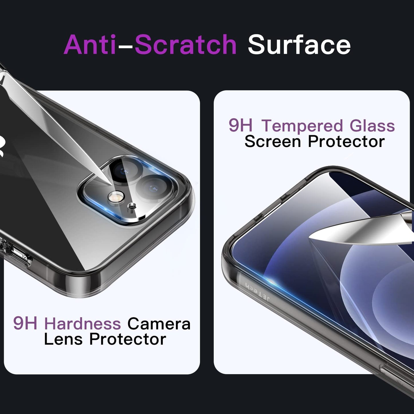 JETech 5 en 1 Funda para iPhone 12 Mini 5.4 Pulgadas con 2 Protector Pantalla y 2 Protector Lente Cámara, Mica Cristal Vidrio Templado Cobertura Completa, Carcasa Antigolpes (Negro)