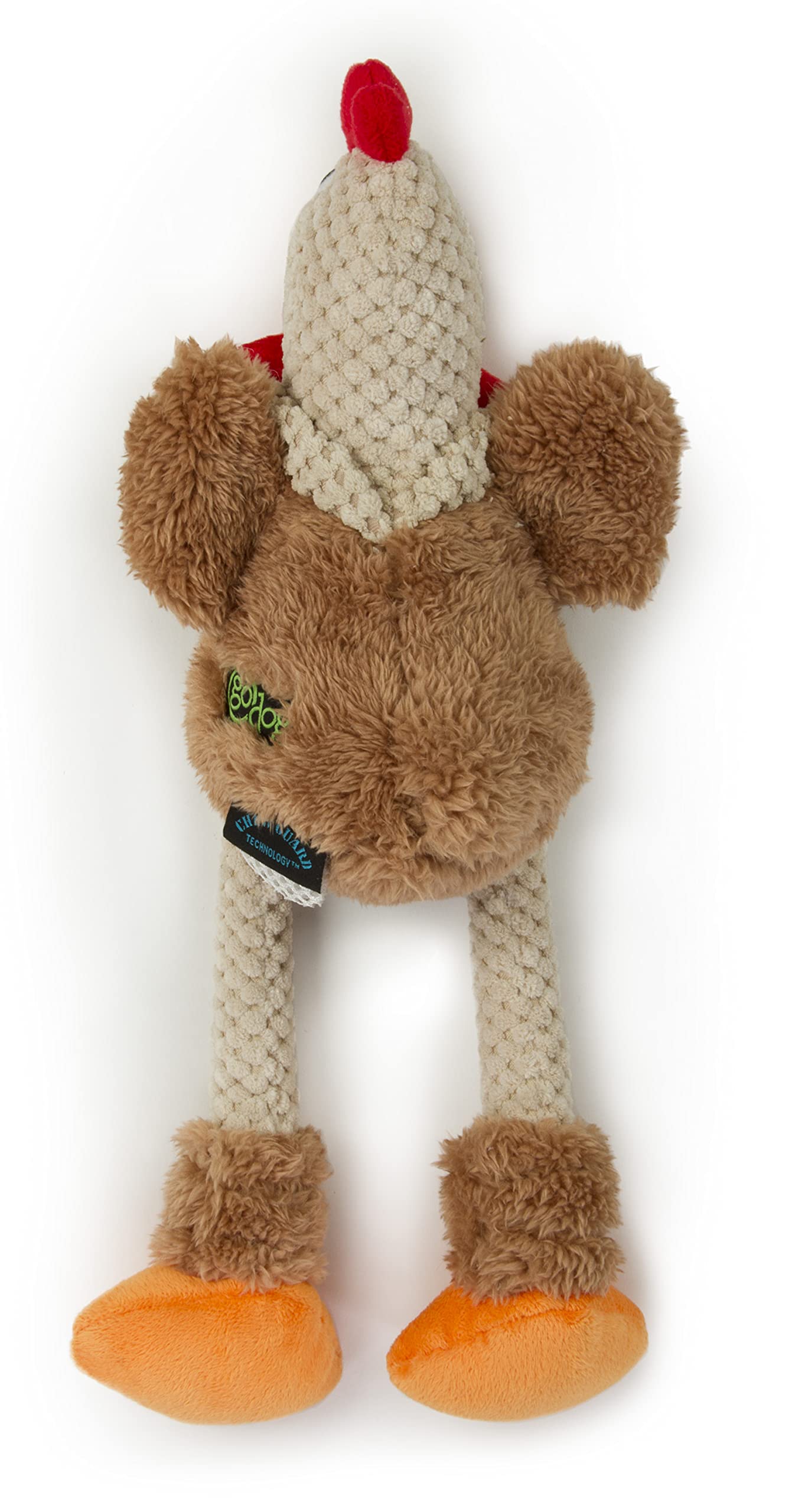 goDog Checkers Skinny Rooster With Chew Guard Technology Tough Plush Dog Toy, Brown, Small