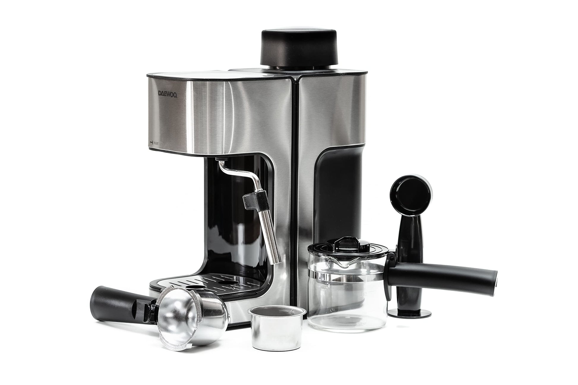 Cafetera Maquina De Espresso Daewoo, 0.24 Lts, bomba de presion 3.5 bar, espumado de leche, filtro de acero inoxidable, plata, modelo DES-485