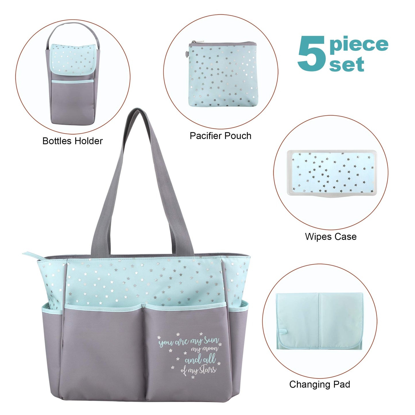 Pañalera de 5 piezas con sol, luna y estrellas, bolsillo para pañales, bolsa para pañales sucios, cambiador
