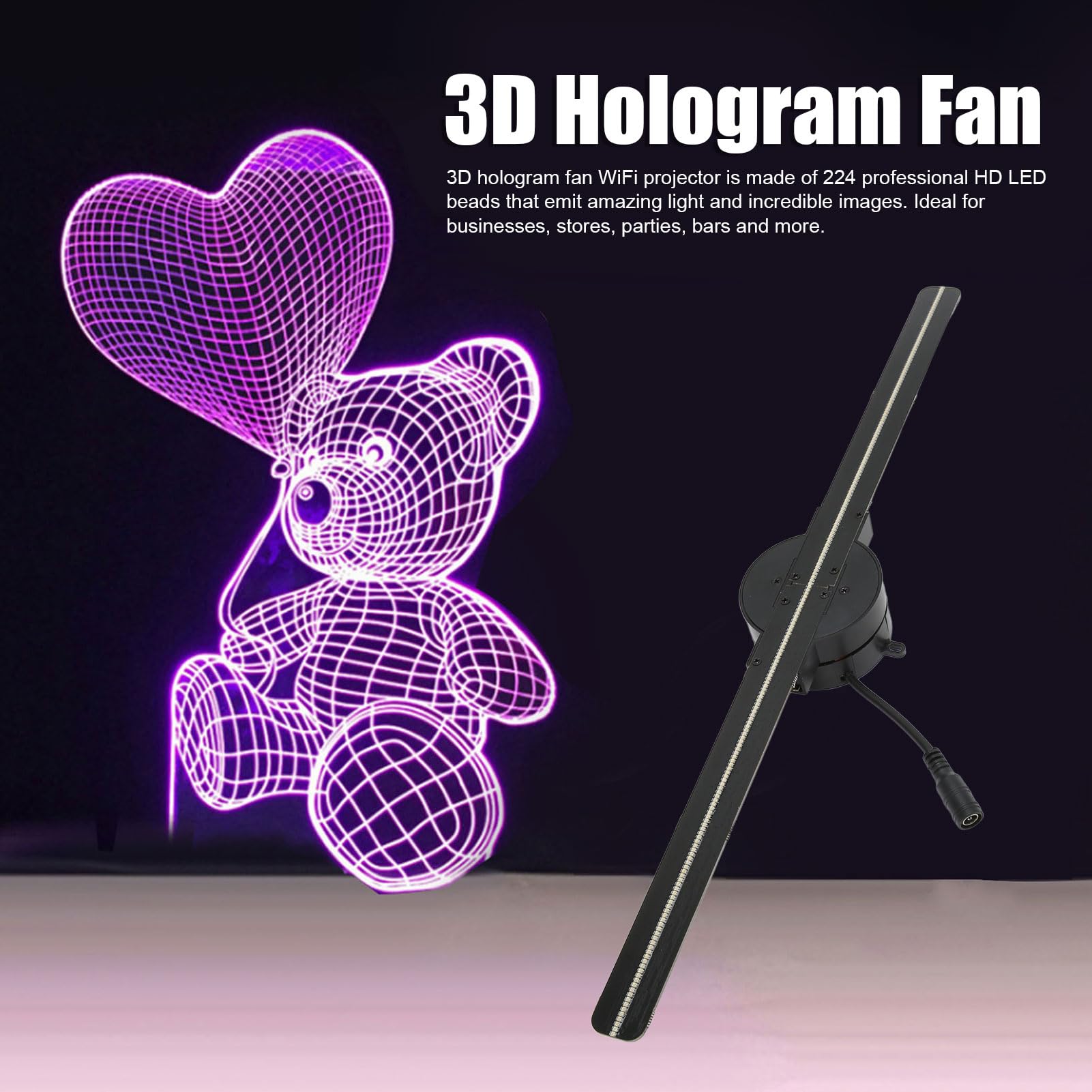 GOWENIC Ventilador de Holograma 3D, Pantalla de Publicidad de Proyector de Holograma WiFi 3D de 16,5 Pulgadas con Resolución de 2000x224 224 LED,para Tienda, Bar, Casino, Fiesta, Halloween