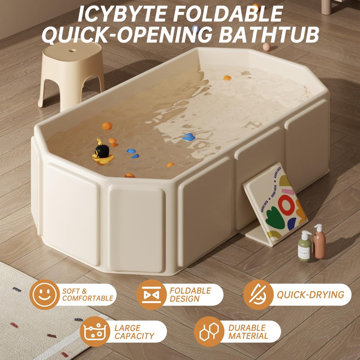 IcyByte - tina plegable para bebés y niños pequeños con base antideslizante, fácil almacenamiento, perfecta para espacios pequeños, color blanco