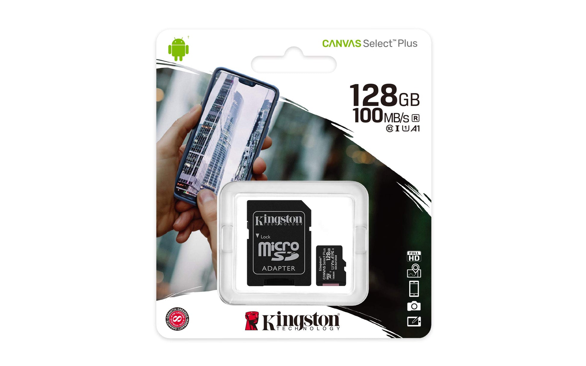 Kingston MicroSDXC Select Plus 128GB (Con Adaptador a SD) Clase 10, UHS-I, U1, V10 Lectura: 100MB/s (SDCS2/128GB)