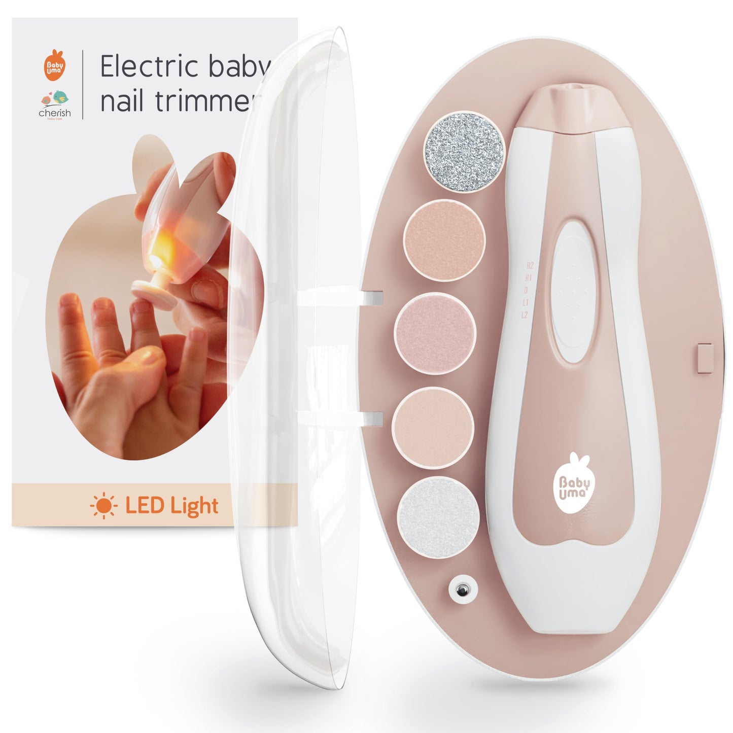 Cherish Baby Care - Lima de uñas LED eléctrica para bebé – Cortaúñas eléctrico de parada de seguridad automática, bidireccional con 2 velocidades y 6 discos de archivado, kit de aseo para bebés recién