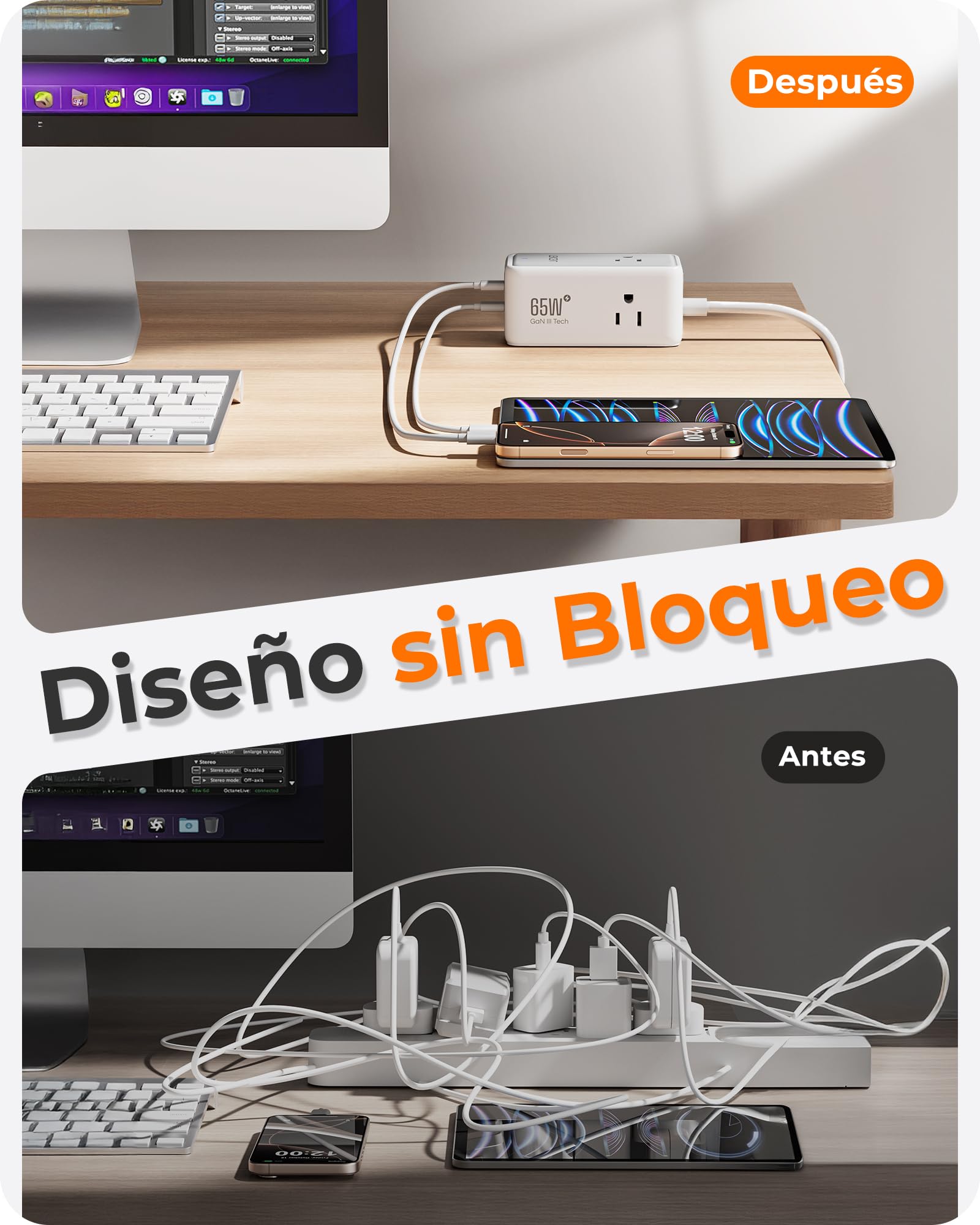 LENCENT Cargador USB C y PD 65W, Cargador Rápido GAN III Tech con 3 Tomas CA + 4 Puertos USB, Estación de Carga USB C de Cable para iPhone, iPad, Macbook, Galaxy, Huawei, Switch y más, Blanco