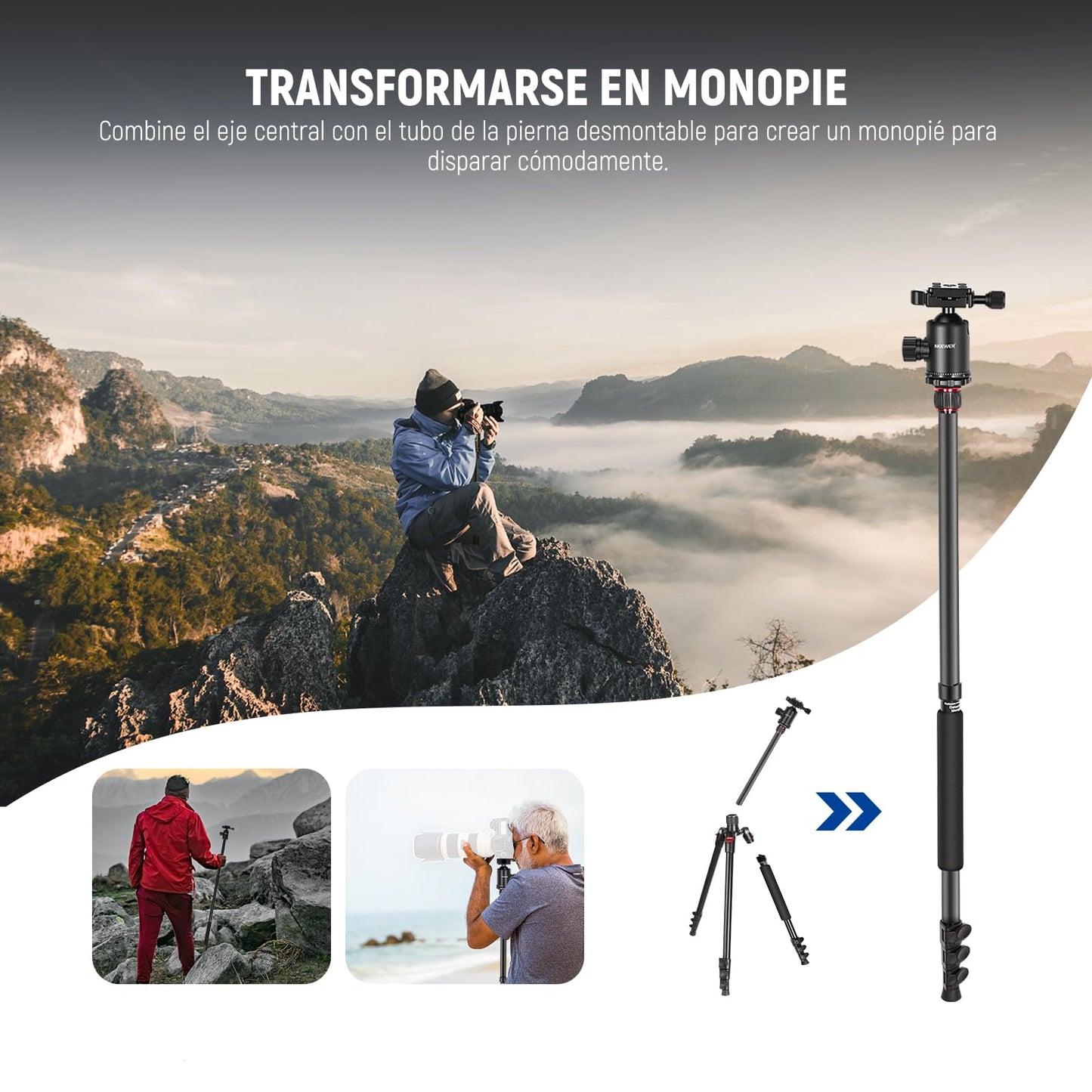Trípode Monopie NEEWER Negro Viaje con Control Remoto y Cabezal 360° para Cámara DSLR de Aluminio