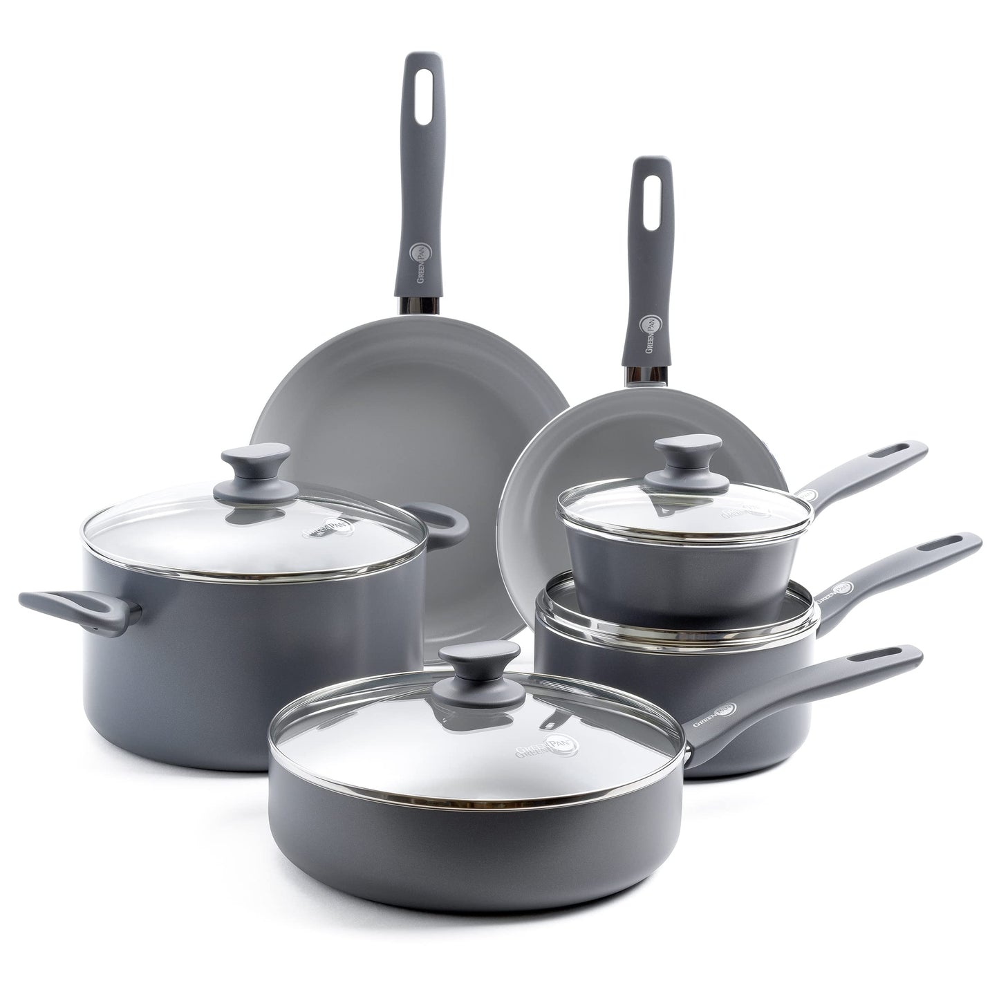 GreenPan Dover Healthy Ceramic antiadherente, juego de 10 ollas y sartenes de cocina, sin PFAS, apto para lavaplatos, mango de agarre cómodo, color gris