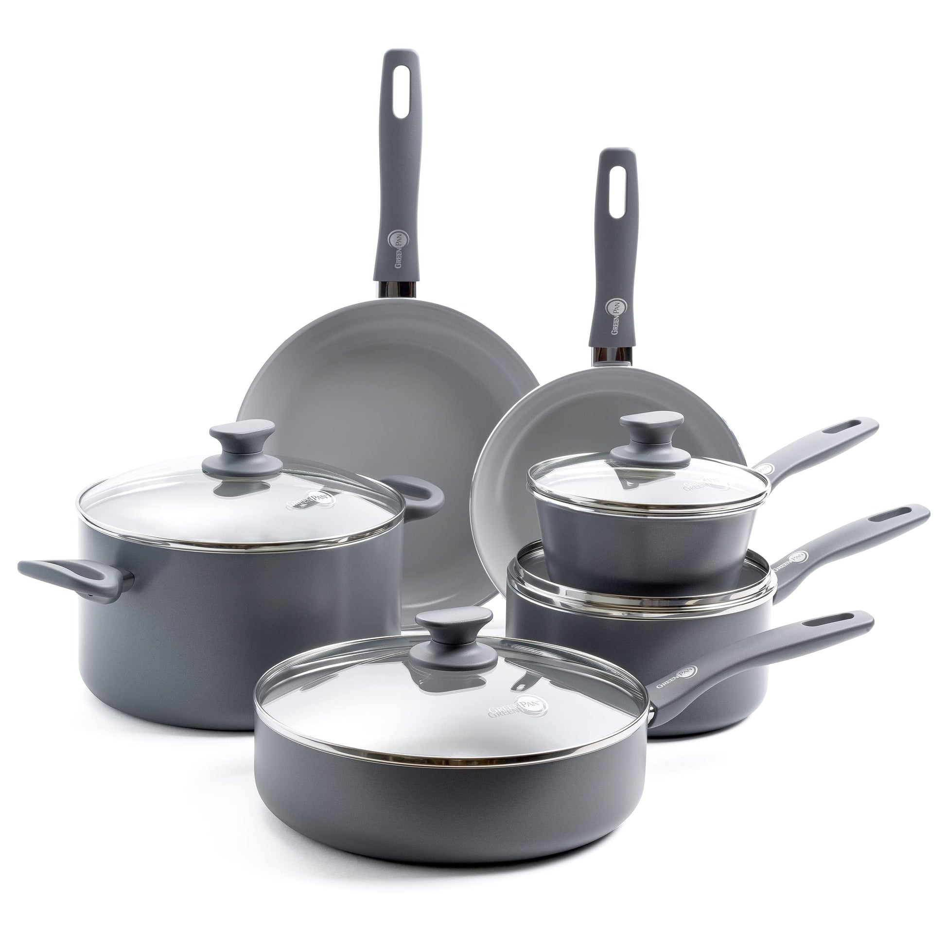 GreenPan Dover Healthy Ceramic antiadherente, juego de 10 ollas y sartenes de cocina, sin PFAS, apto para lavaplatos, mango de agarre cómodo, color gris