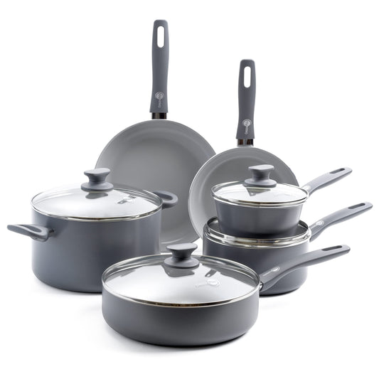 GreenPan Dover Healthy Ceramic antiadherente, juego de 10 ollas y sartenes de cocina, sin PFAS, apto para lavaplatos, mango de agarre cómodo, color gris