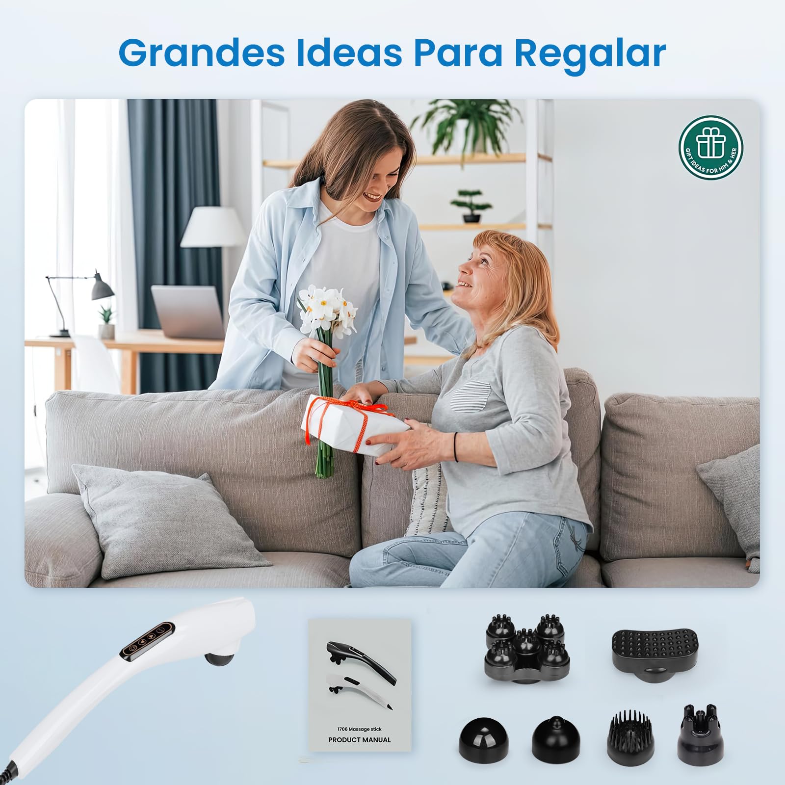 Masajeador de Espalda,Masajeador Electrico para Alivio del Dolor Muscular,Masajeadores de Mano con Diseño Ergonómico,10 Modos,12 Velocidades y 6 Cabezales de Masaje,Masaje para Espalda,Pierna y Cuello