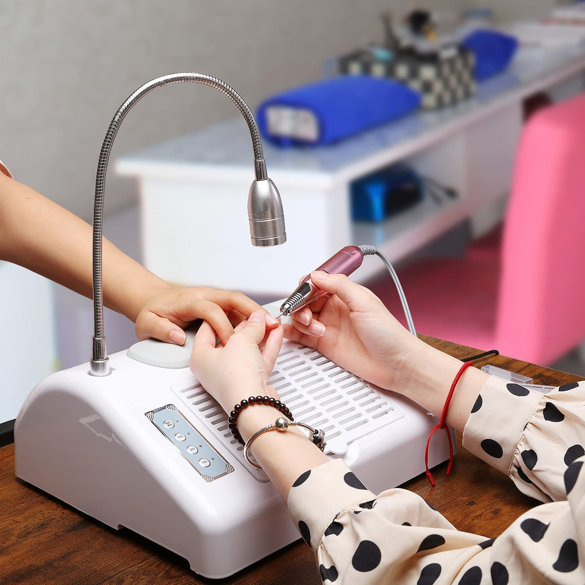 Máquina de Arte de Uñas Multifuncional Eléctrica con Taladro, Colector de Polvo, Lámpara de Secado UV de 48 W/96 W y Lámpara de Escritorio LED