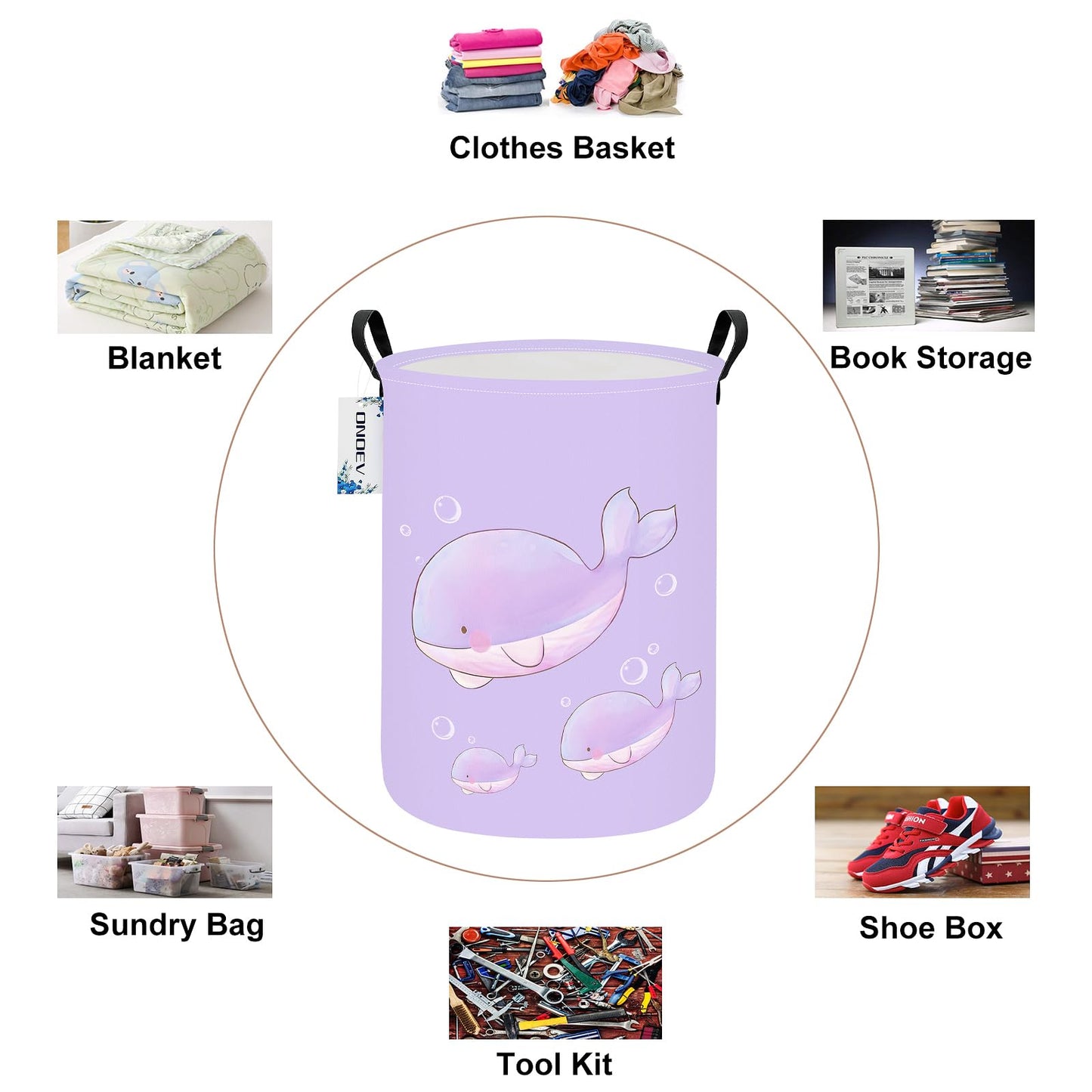 ONOEV Cesta de Almacenamiento Redonda y Plegable para niñas, Cesta de Ropa Sucia para niños, Cesta de Regalo Morada, Ideal para decoración del hogar y Almacenamiento de Juguetes (Ballena Morada)