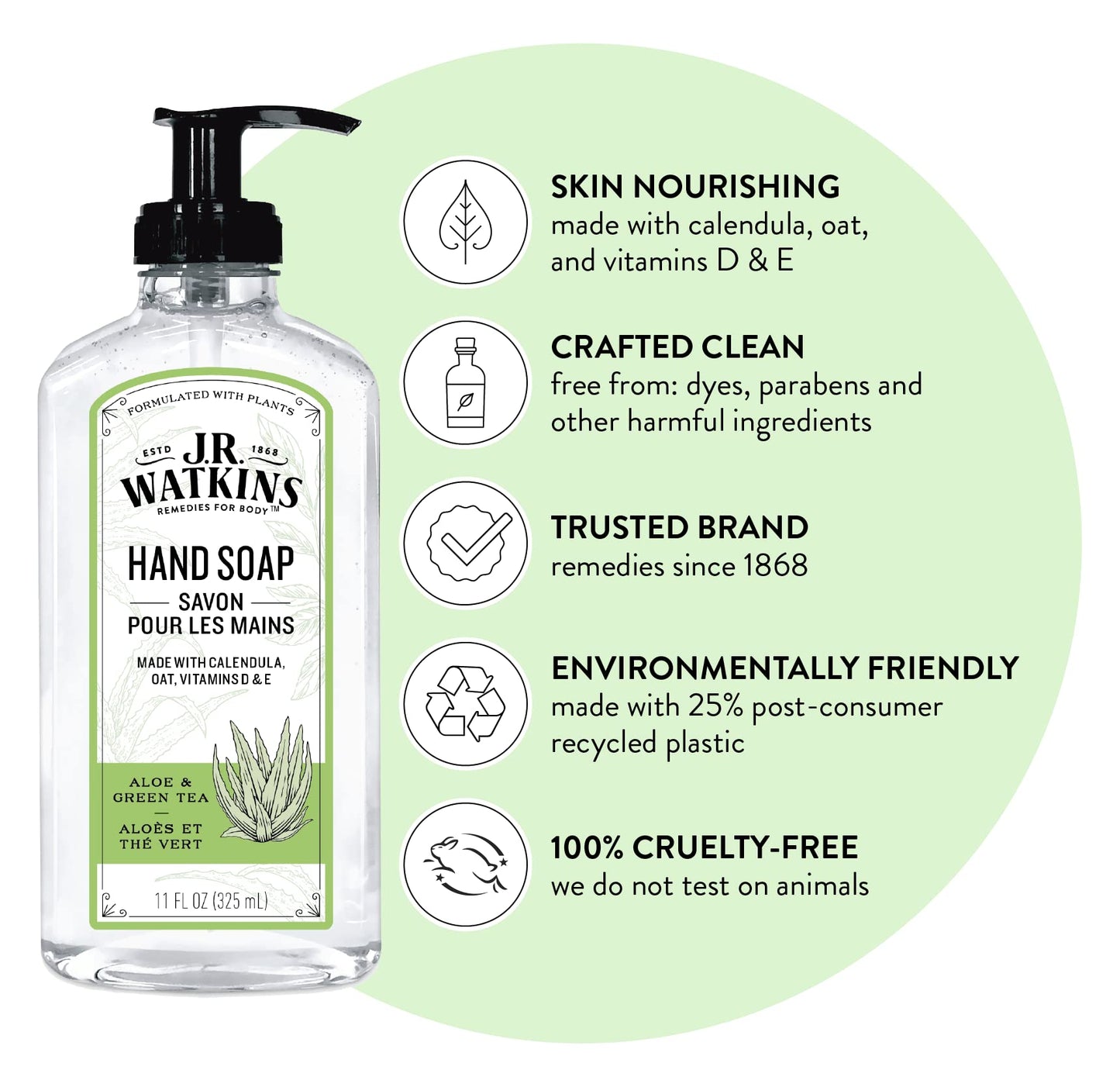 J.R. Watkins Natural Liquid Hand Soap, Aloe & Green Tea, 11 Ounce (Pack of 6)