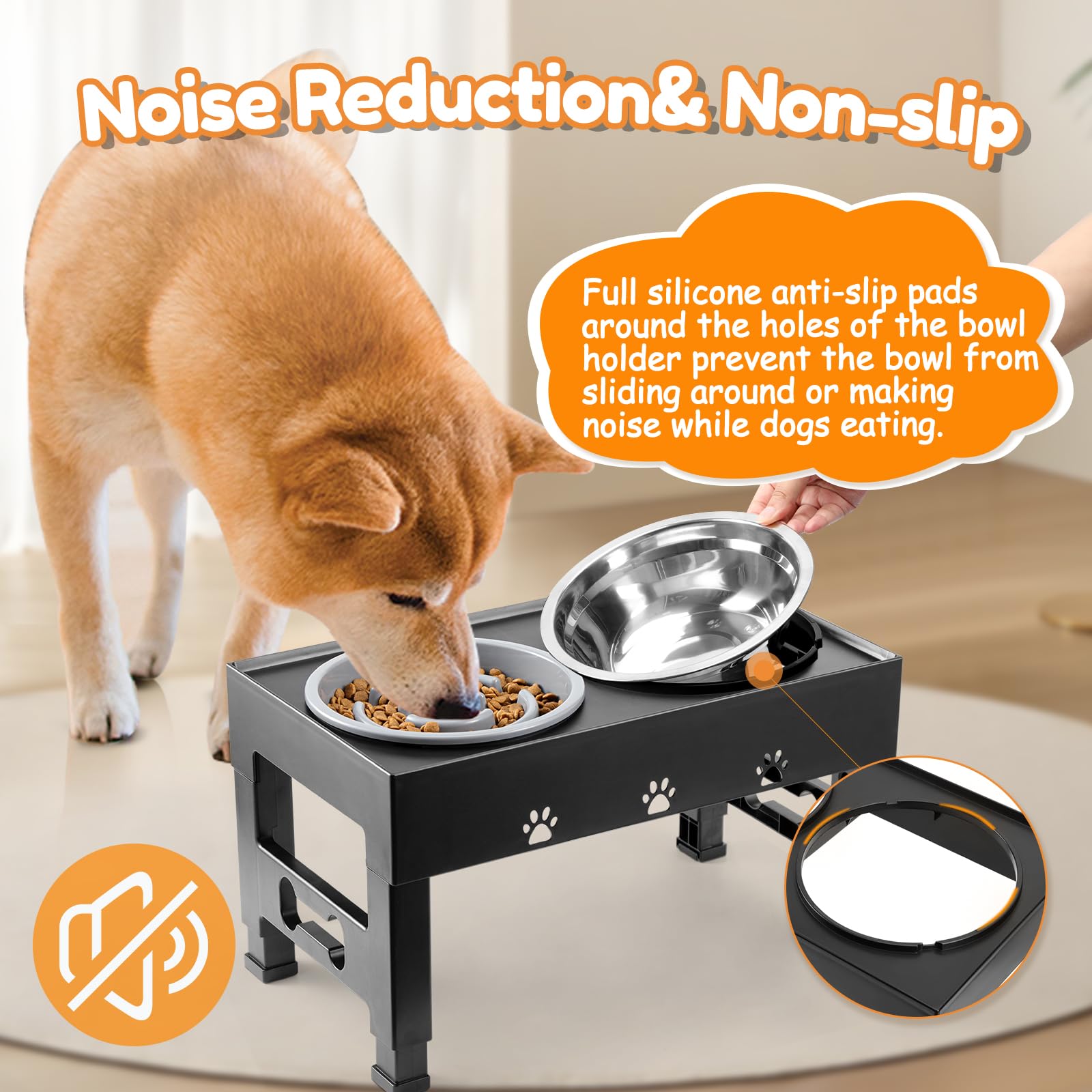 LAKIPETN Cuencos elevados para perros con alimentador lento y 2 cuencos de acero inoxidable, soporte elevado ajustable de 5 alturas, comedero antideslizante para perros que se ajusta a