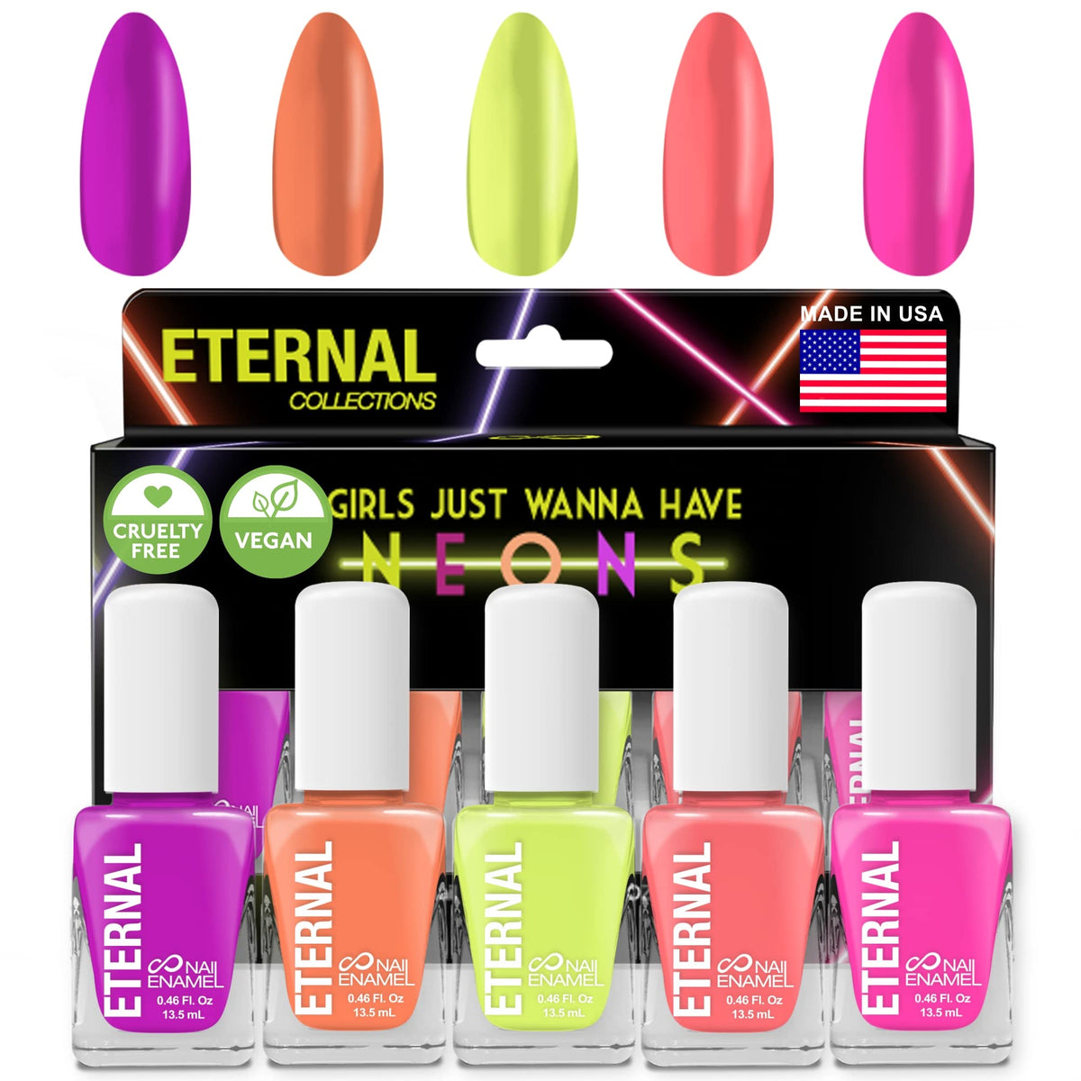 Eternal Colección – Juego de 5 piezas: Larga duración, secado rápido, esmalte de uñas de brillo espejo – endurecedor, acabado brillante y brillante – 0,46 onzas fluidas cada uno (Neons)