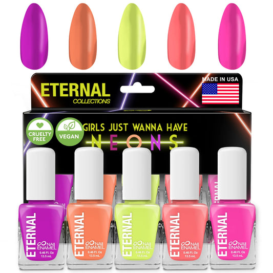 Eternal Colección – Juego de 5 piezas: Larga duración, secado rápido, esmalte de uñas de brillo espejo – endurecedor, acabado brillante y brillante – 0,46 onzas fluidas cada uno (Neons)