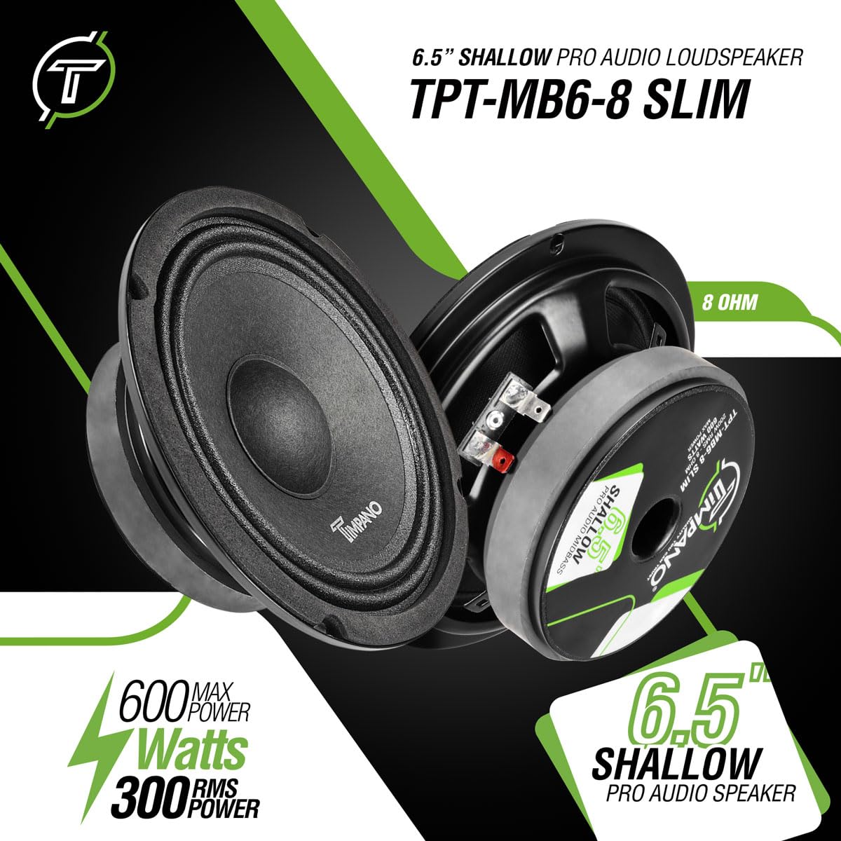 Timpano - Altavoz de audio profesional de 6.5 pulgadas de 600 vatios TPT-MB6-8 delgado perfil pequeño 8 ohmios, PRO Midbass altavoz de audio para coche compacto para puertas personalizadas (individual