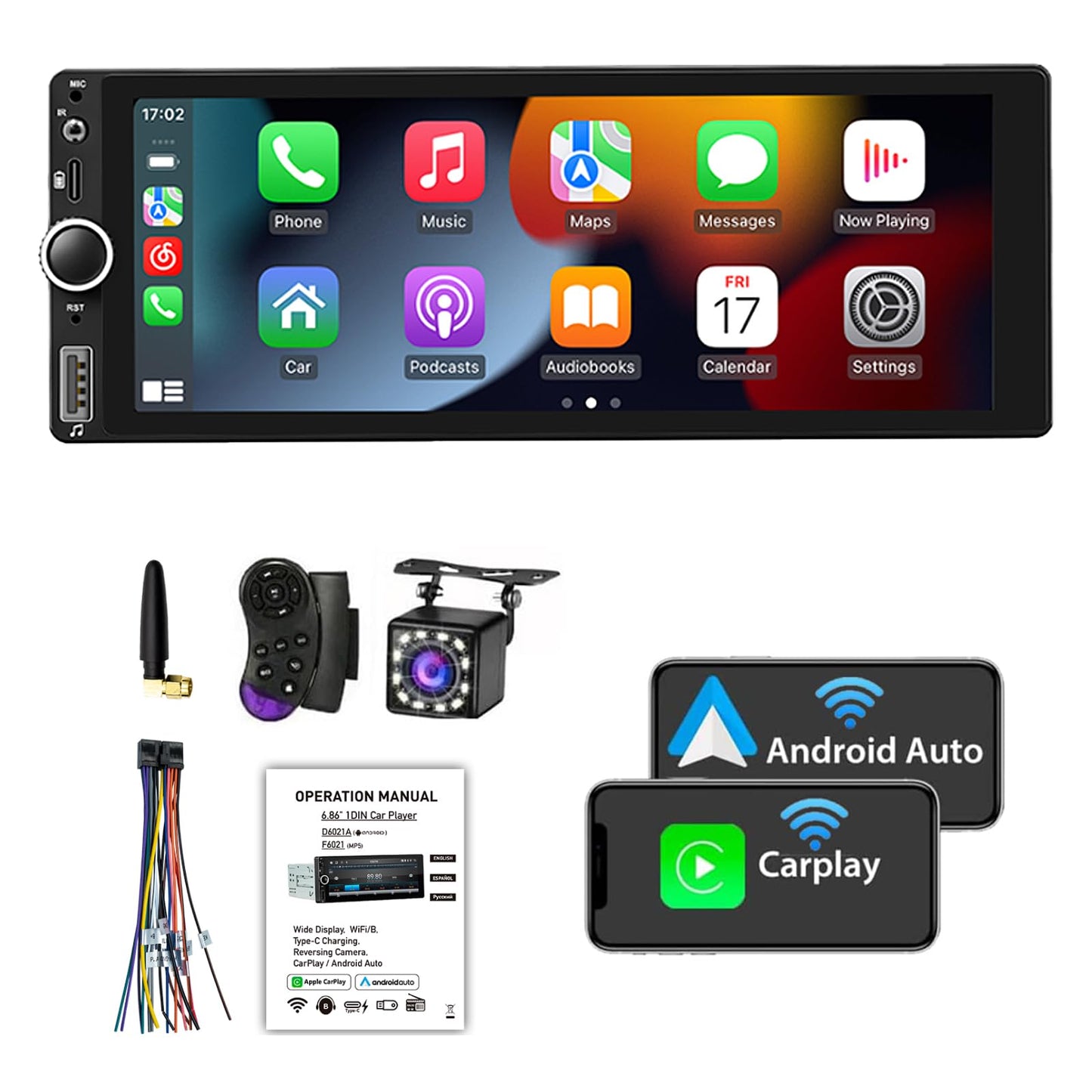 FINYQBET 1 DIN Auto Estéreo Radio de Coche Compatible con Apple CarPlay Android Auto USB Tipo C, visualización táctil de 6.9 Pulgadas, Enlace de Espejo, cámara de Respaldo Bluetooth DSP