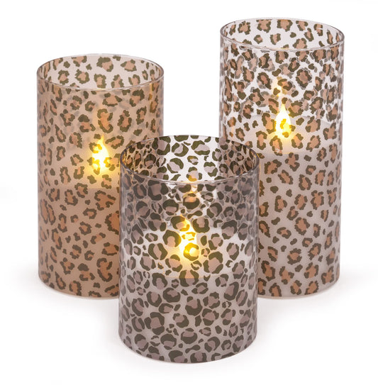 Velas LED de Vidrio Mark Feldstein & Associates Leopardo Salvaje sin Llama Juego de 3