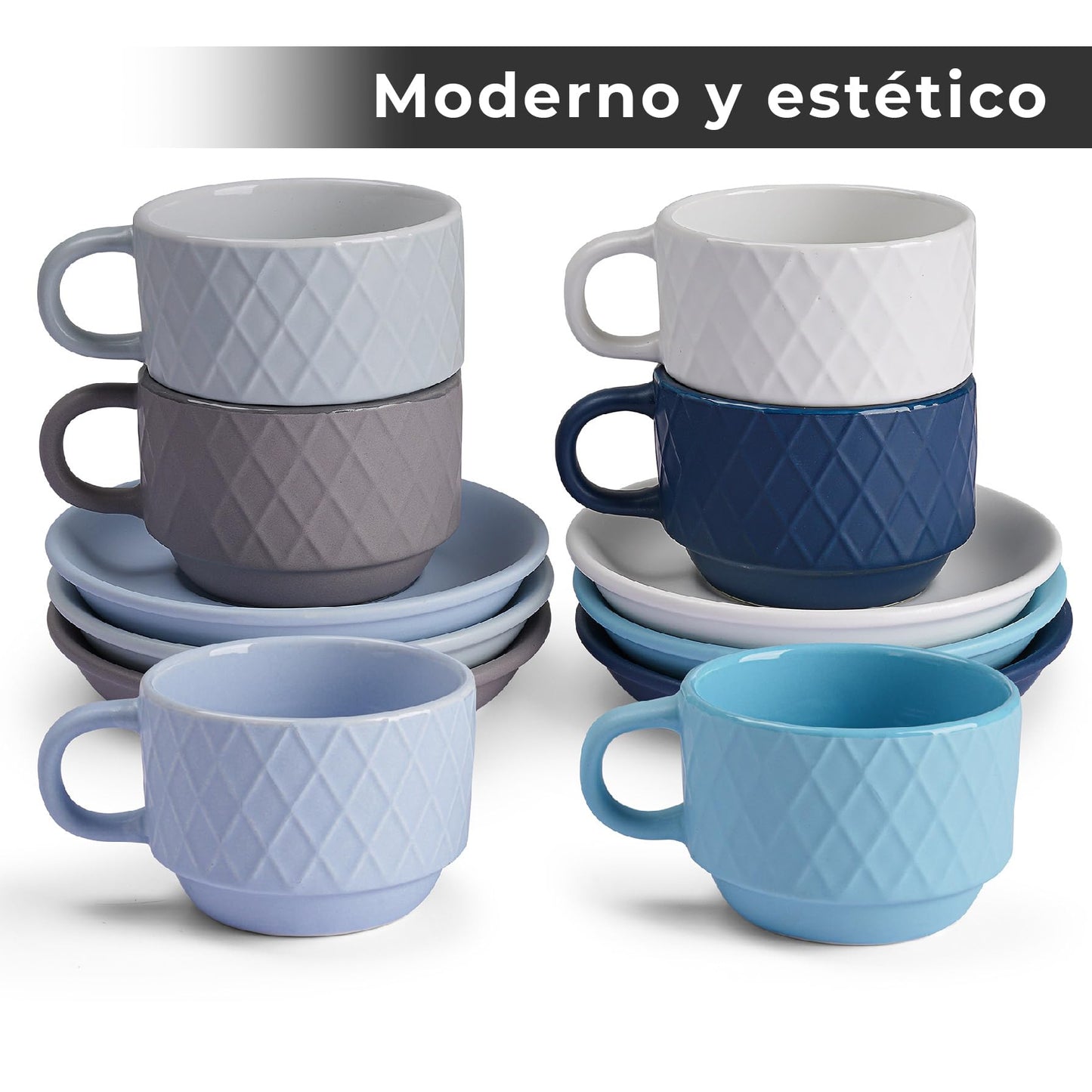 Juego Moderno de Tazas de Café Expreso MIAMIO Azul Océano con Soporte y Platillos