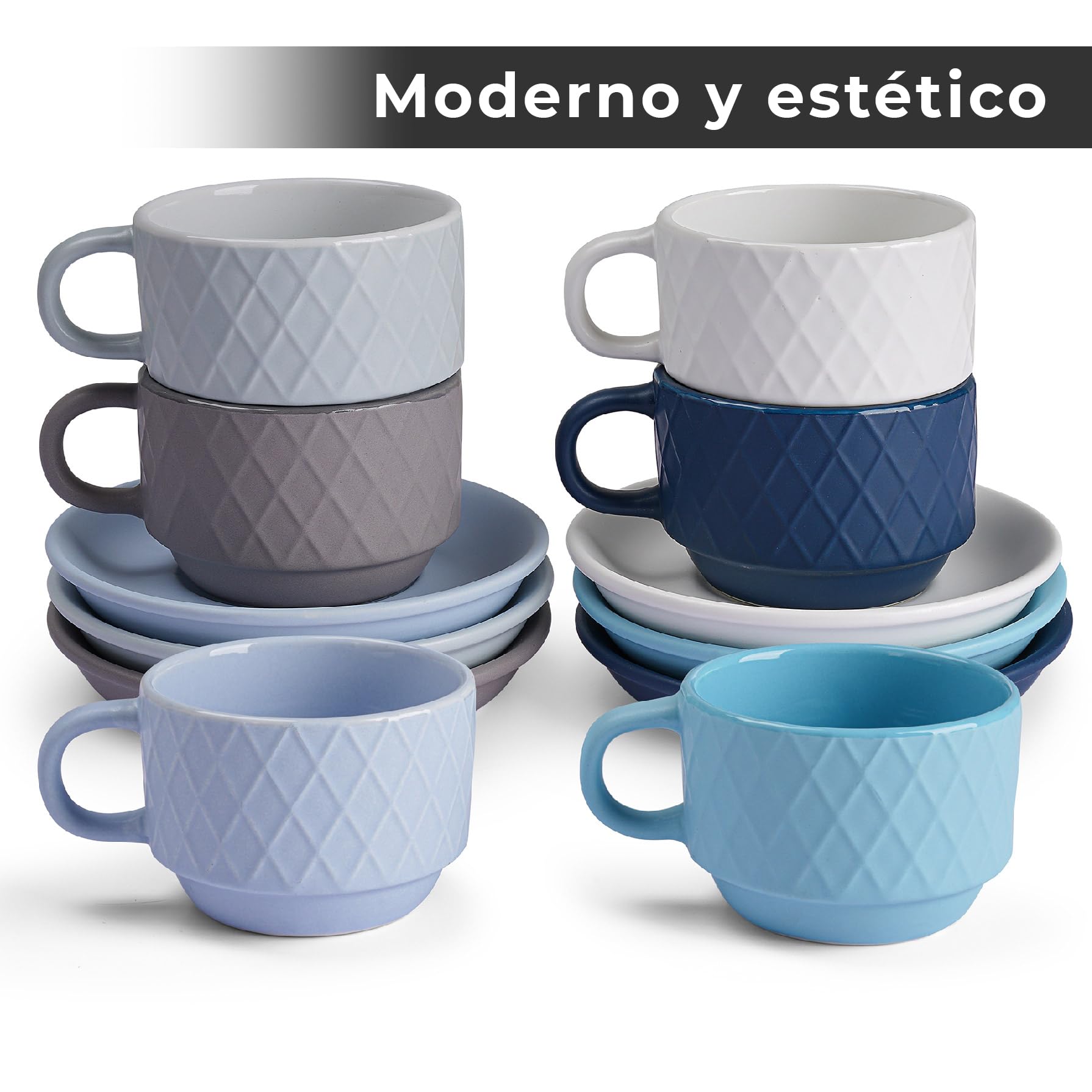 Juego Moderno de Tazas de Café Expreso MIAMIO Azul Océano con Soporte y Platillos