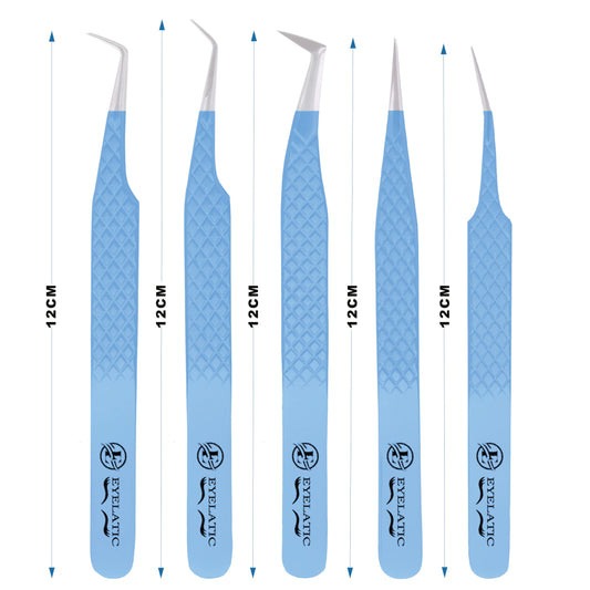Juego de pinzas de pestañas para aplicación de pestañas postizas, herramientas profesionales para extensiones de pestañas de volumen individual, color azul cielo