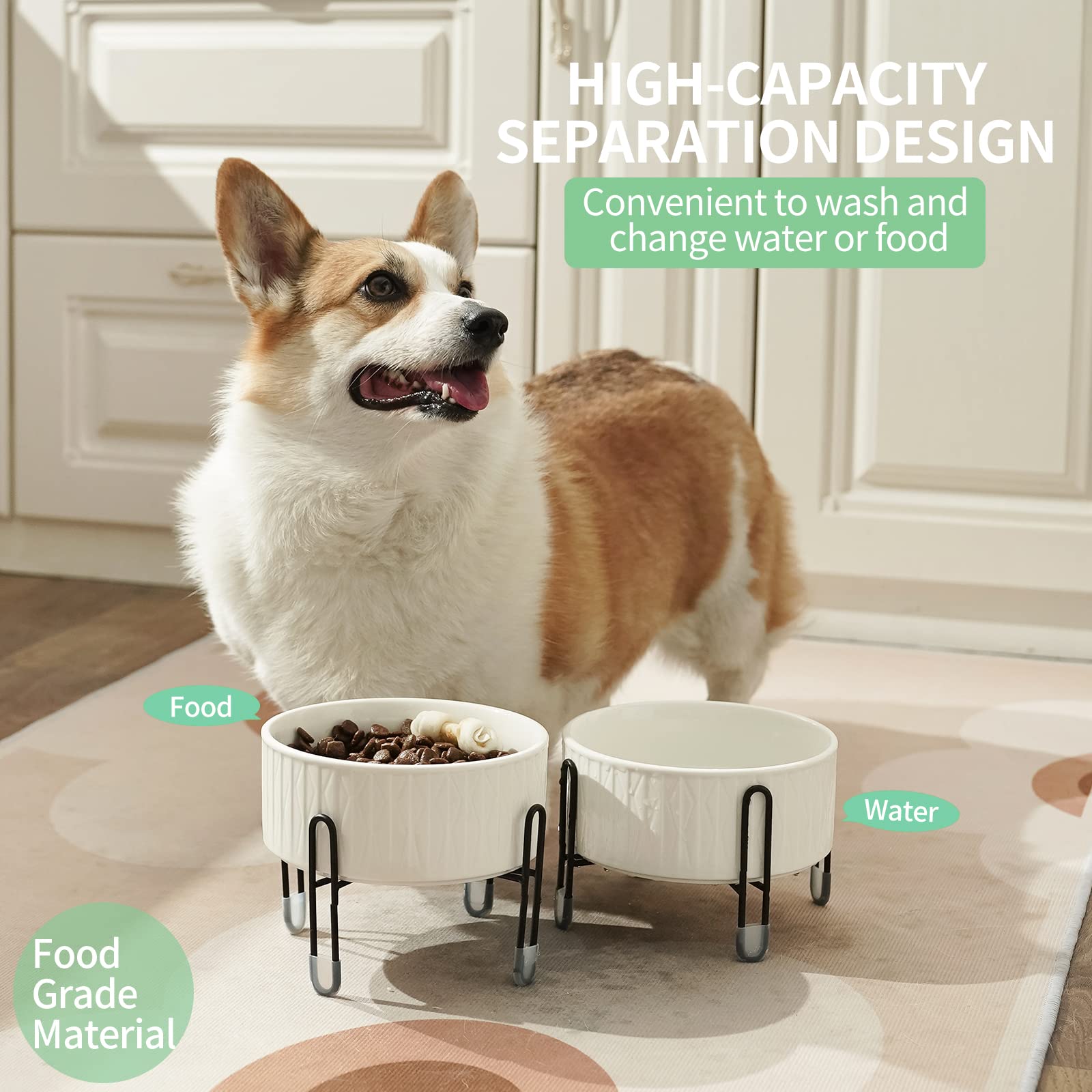 Cuencos de cerámica para perros y gatos de 32 onzas con soporte de metal elevado, tazón redondo de cerámica de 6.5 pulgadas para alimentos y alimentos para mascotas y perros, blanco, juego de 2