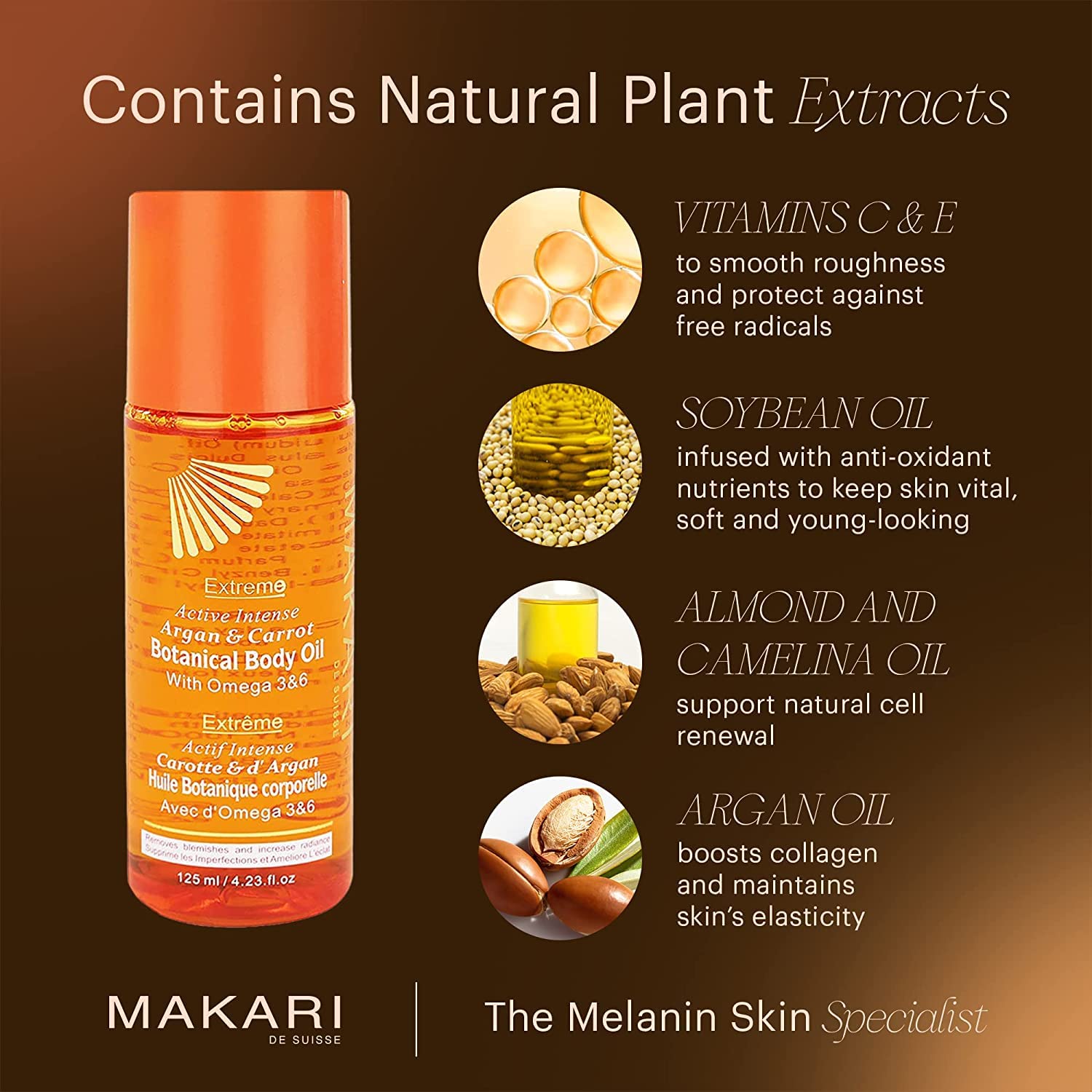 Makari Extreme Botanical Body Oil 4.23 fl. Oz. â€" Moisturizing, Toning & Anti-Aging Body Treatment With Omega 3 & 6, Argan, Carrot & Soybean Oils â€" Hydrating Formula for Wrinkles, Dryness
