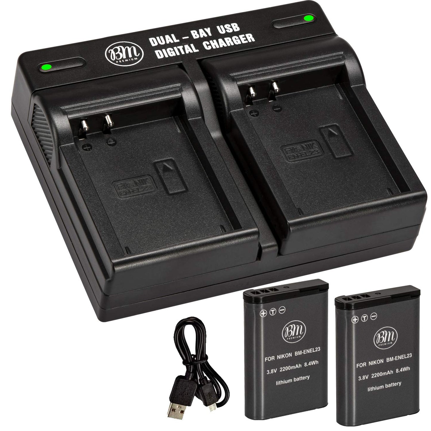 BM Premium - Paquete de 2 baterías EN-EL23 y cargador de batería dual para cámara digital Nikon Coolpix B700, P900, P600, P610, S810c