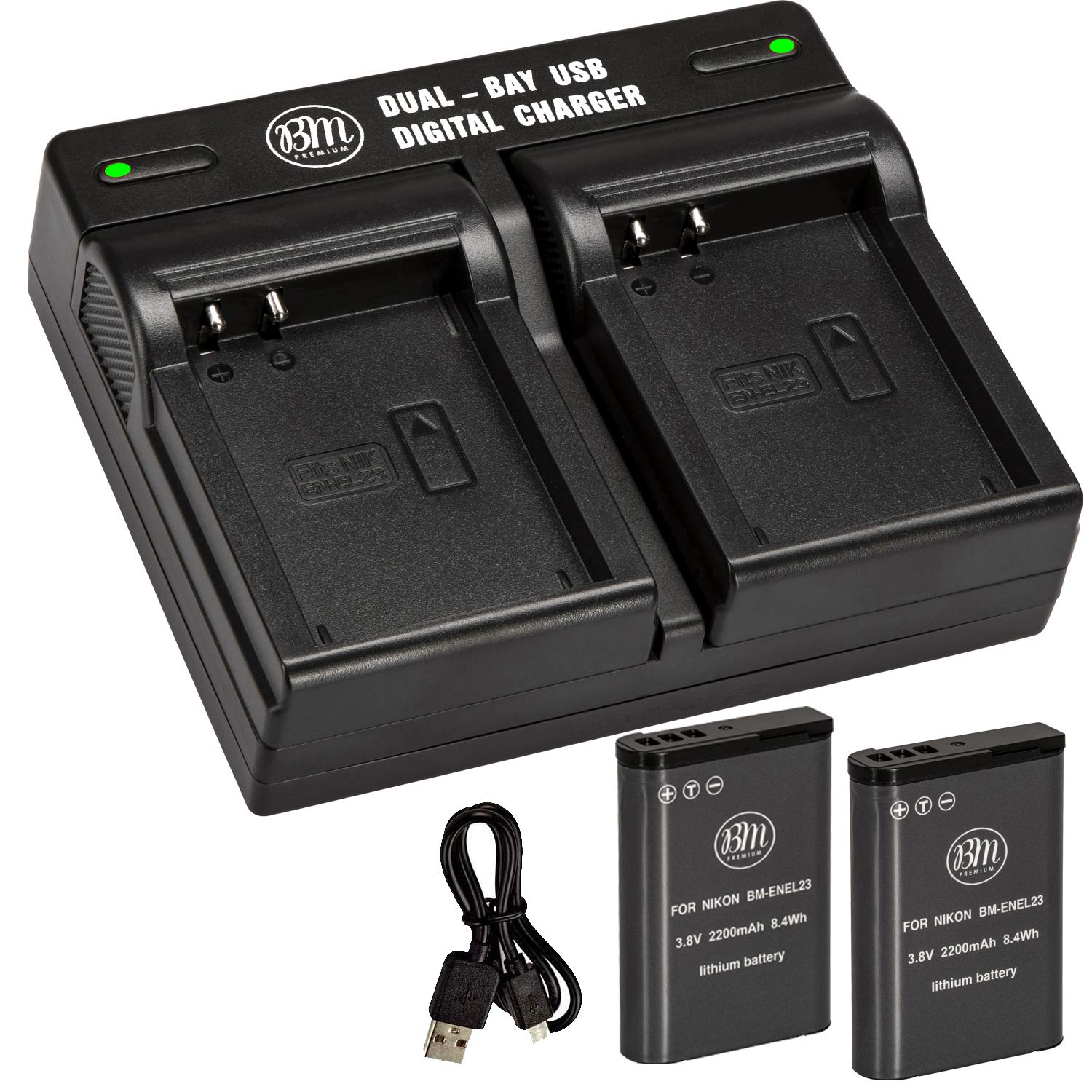 BM Premium - Paquete de 2 baterías EN-EL23 y cargador de batería dual para cámara digital Nikon Coolpix B700, P900, P600, P610, S810c