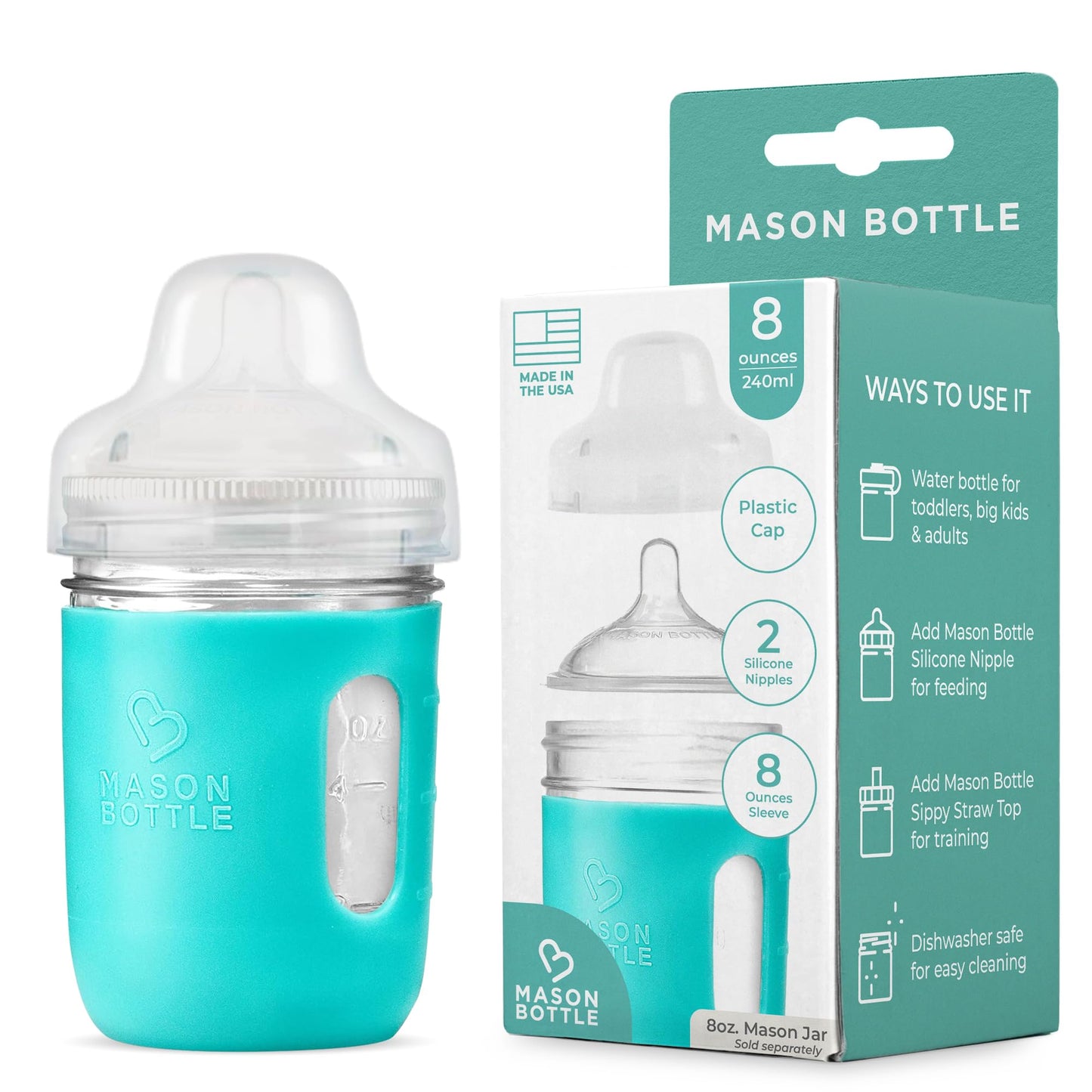 Mason Bottle DIY Kit (8 oz. Kit, Agave) Includes Silicone Sleeve, 2-Silicone Nipples, and Plastic Cap by Mason Bottle