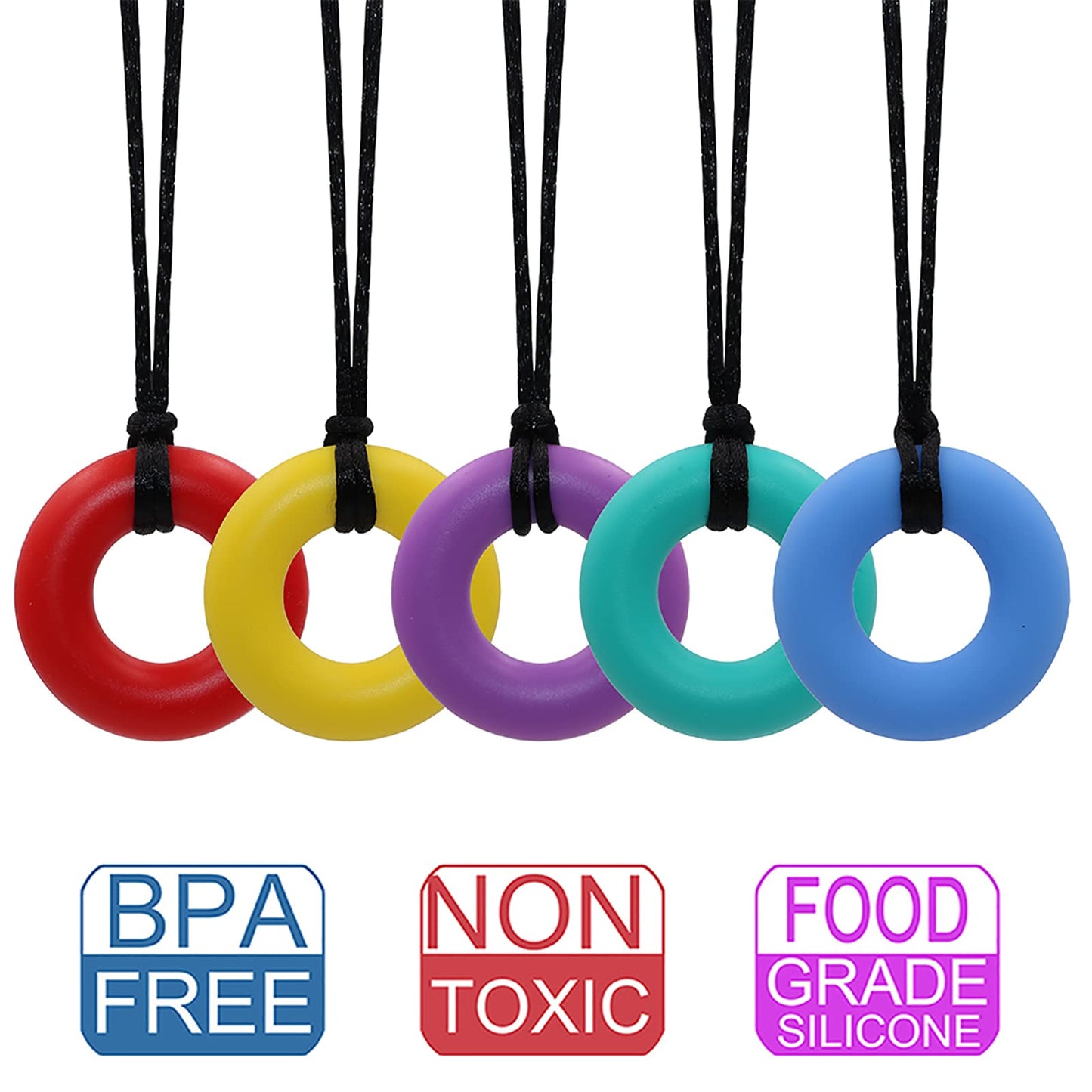 Collar sensorial para masticar para niños y adultos, paquete de 5 juguetes masticables de silicona, para ayudar a motor oral, juguetes masticables para niños y niñas con autismo, TDAH, reduce el donut