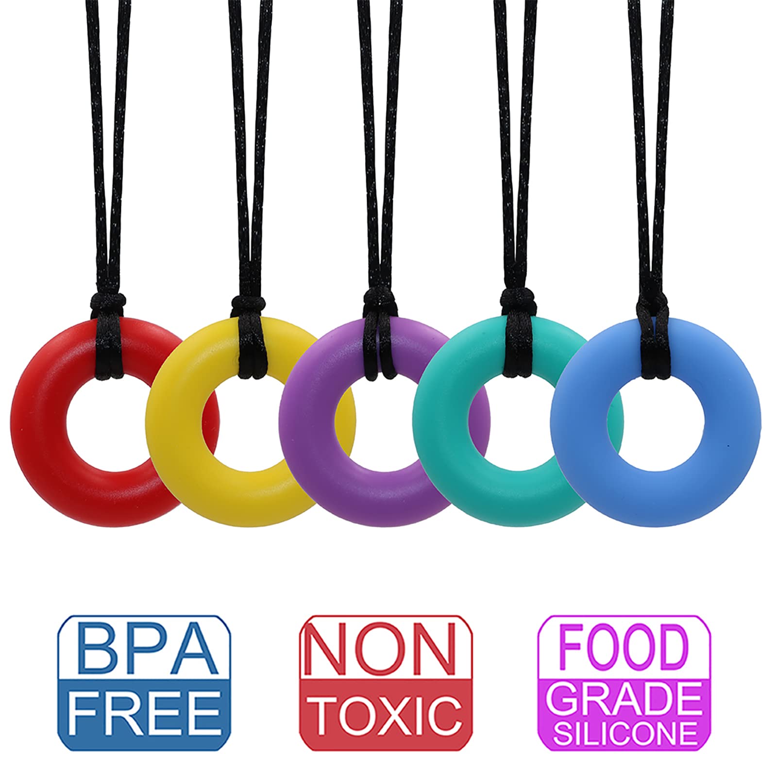 Collar sensorial para masticar para niños y adultos, paquete de 5 juguetes masticables de silicona, para ayudar a motor oral, juguetes masticables para niños y niñas con autismo, TDAH, reduce el donut