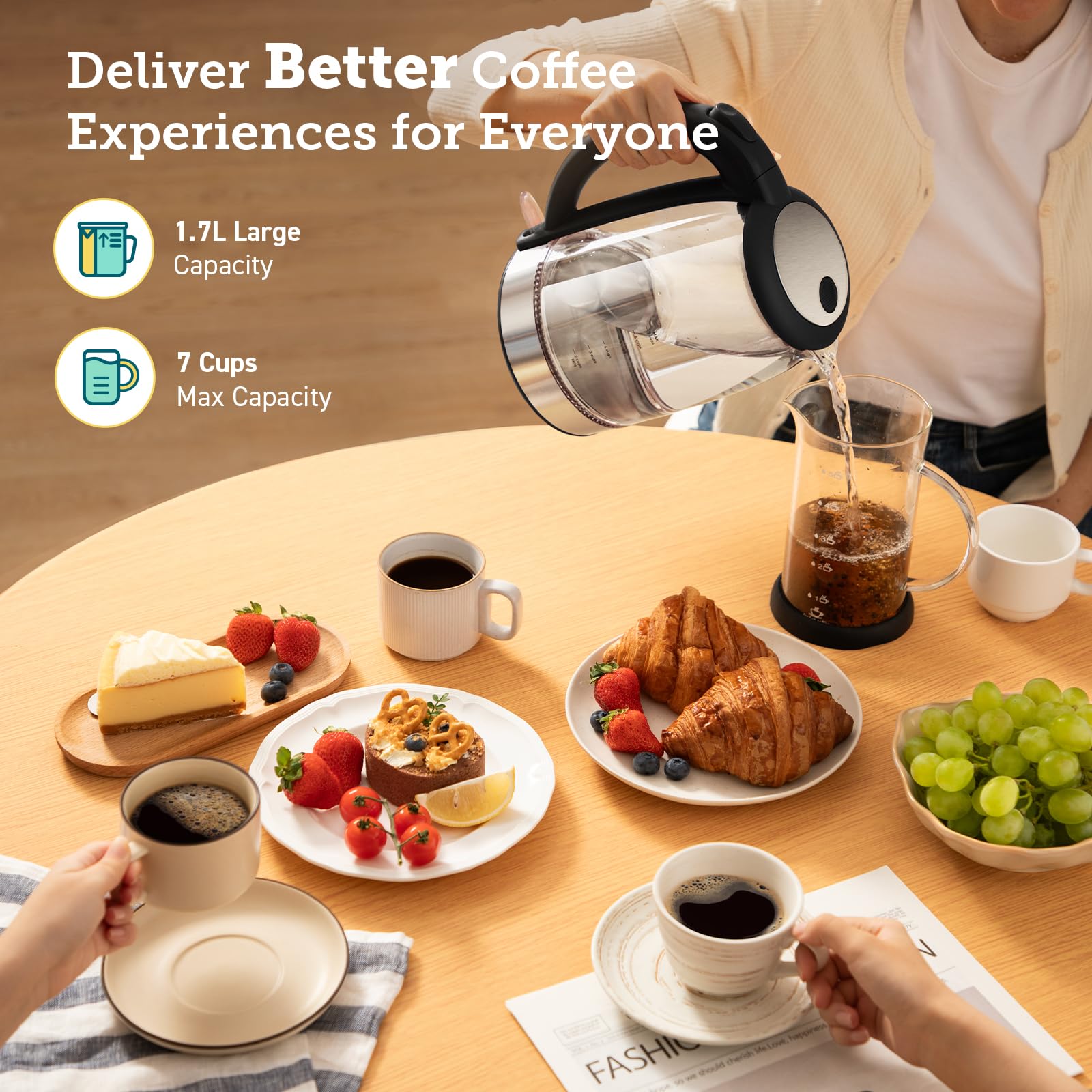 Cosori - Hervidor eléctrico, sin filtro y boquilla de plástico, tapa interior de acero inoxidable, tetera de té de 1,7 l y caldera de agua caliente para café y té, calentador de agua y tetera, apagado