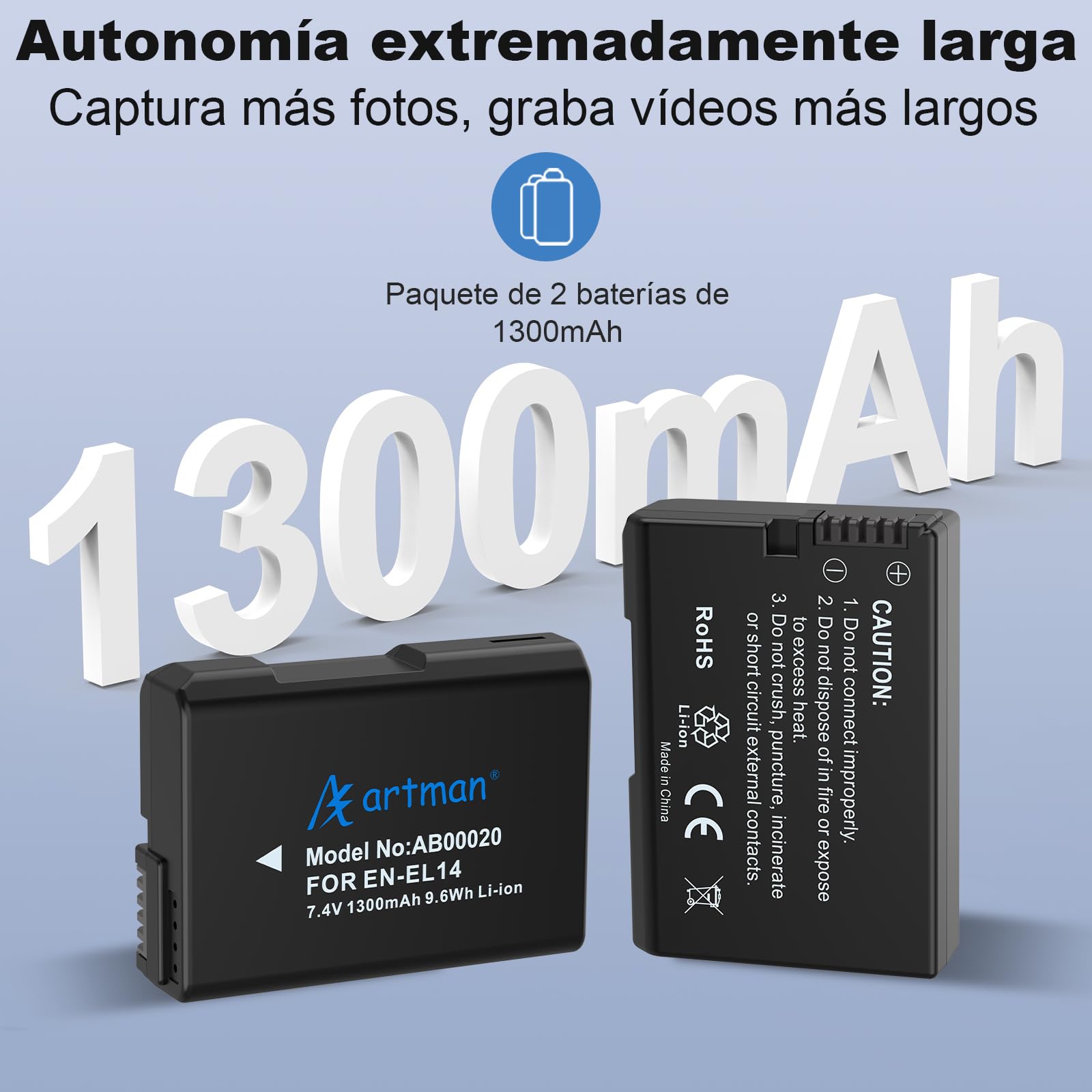 Artman EN-EL14 EN-EL14a Batería 1400mAh 2-Pack con USB-C 20W Fast Dual Channel Charge Case para Nikon D3100 D3200 D3300 D3400 D3500 D5100 D5200 D5300 D5500 D5600 DF Coolpix P7000 P7700 P7800 Cámaras