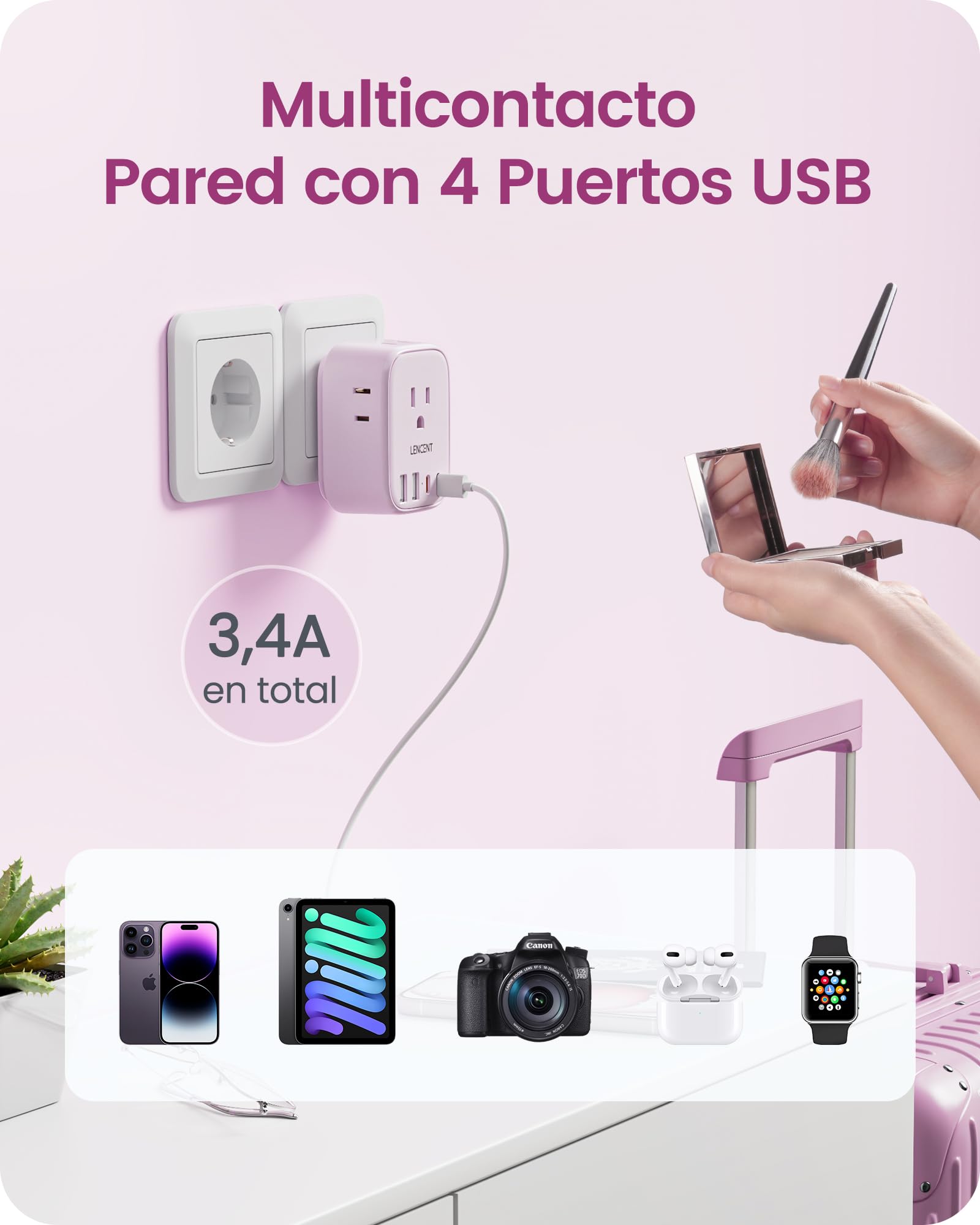 LENCENT Adaptador Europeo Plegable, Adaptador de Corriente con 4 Salidas y 4 Puertos USB (2USB C), Cargador Americano a Europeo para Alemania, España, Italia, Francia, Apto para Cruceros, Rosado