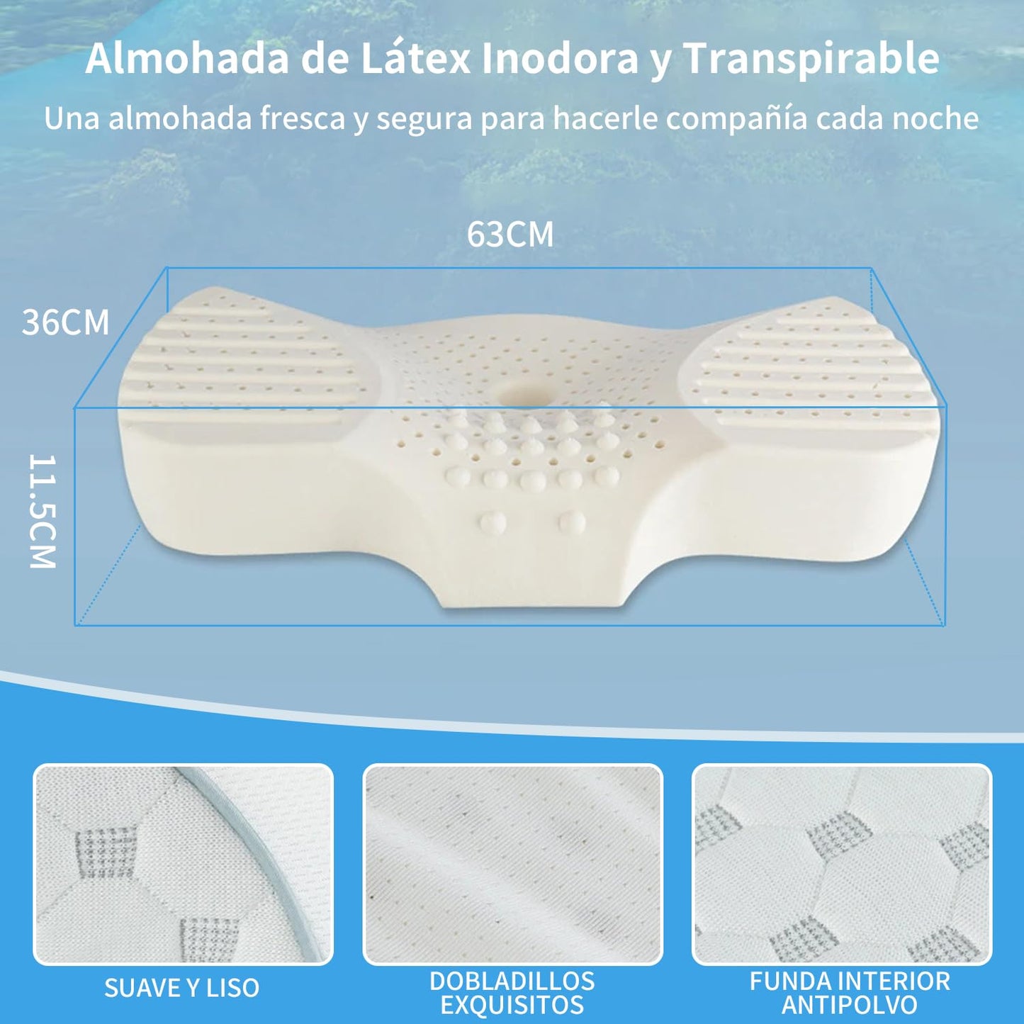BNFU Almohada Memory Foam Cervical Almohada Ortopédica Ergonómica para Dormir 2 en 1 para Dormir Boca Arriba y de Lado 63x36x11.5 cm