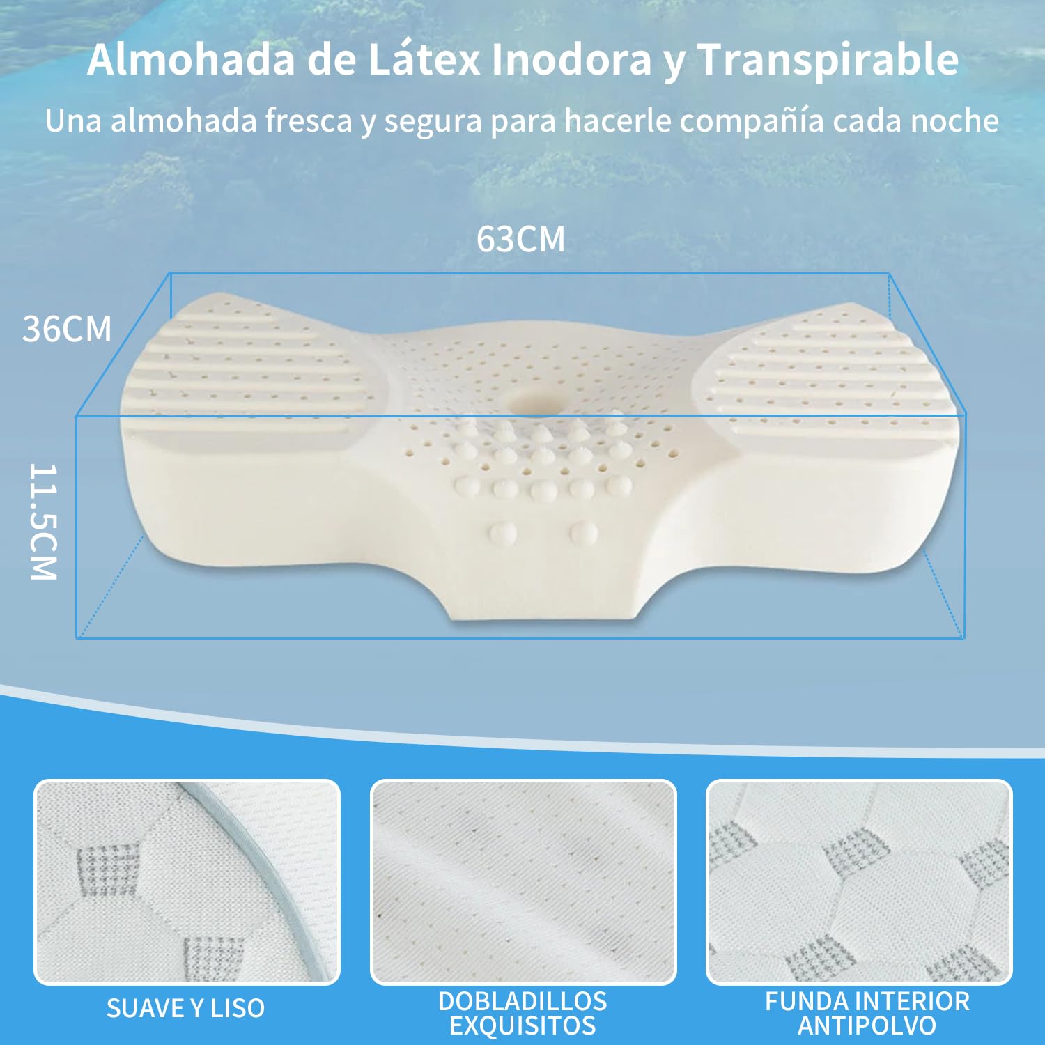 BNFU Almohada Memory Foam Cervical Almohada Ortopédica Ergonómica para Dormir 2 en 1 para Dormir Boca Arriba y de Lado 63x36x11.5 cm