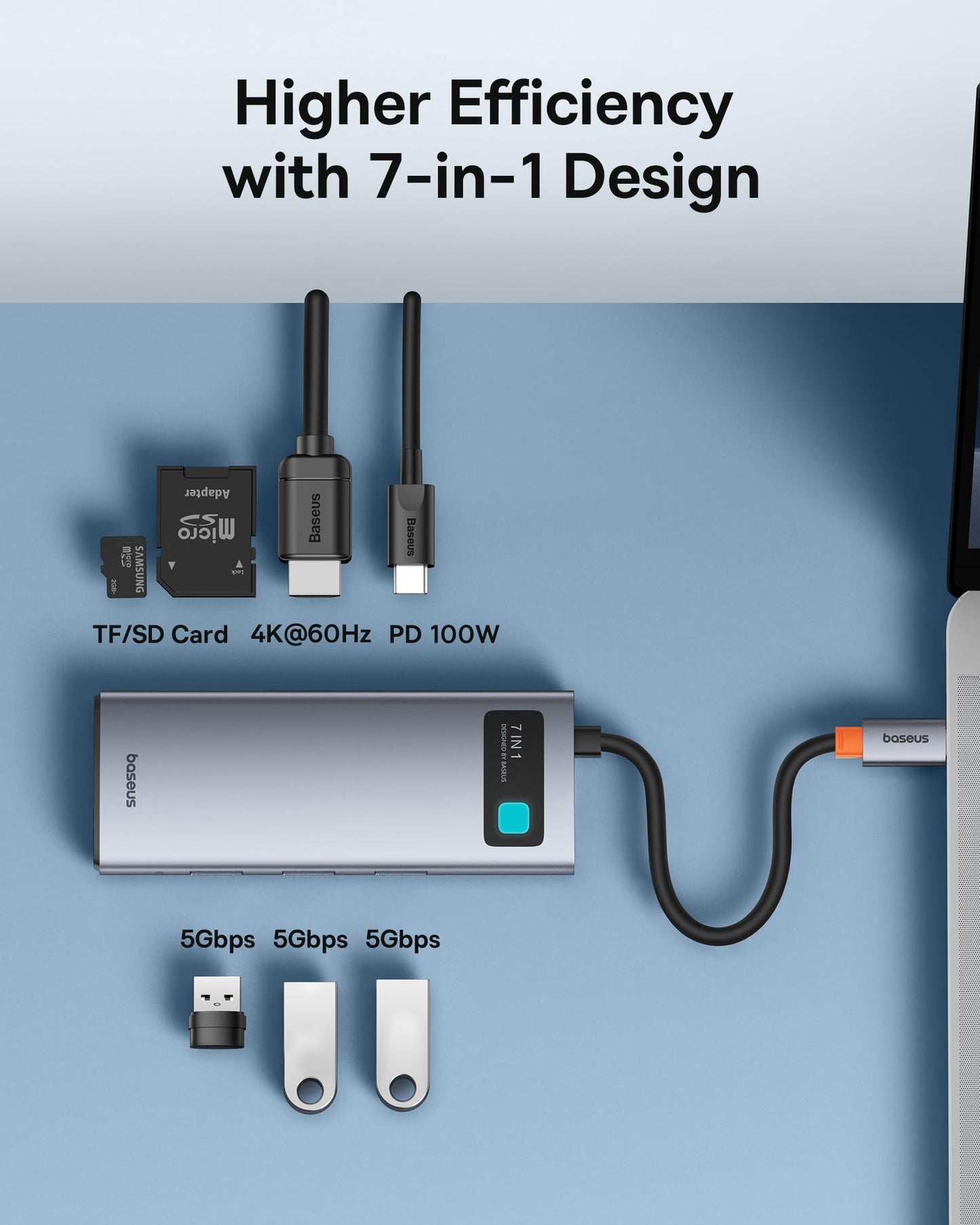 Baseus - Adaptador USB C a HDMI, estación de acoplamiento USB C 4K a 60Hz, Hub USB C 7 en 1 con 3 USB-A, PD 100W, lector de tarjetas TF/SD, base USB C compatible para iPhone