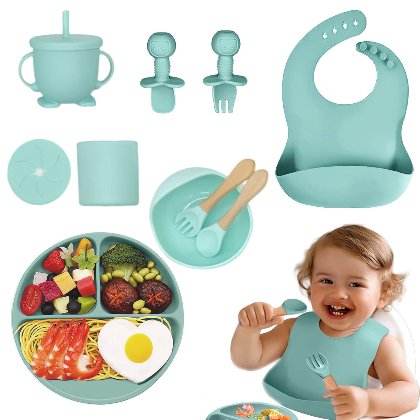 Set de Platos de Silicón para Bebé Verde Antivuelco Sin BPA