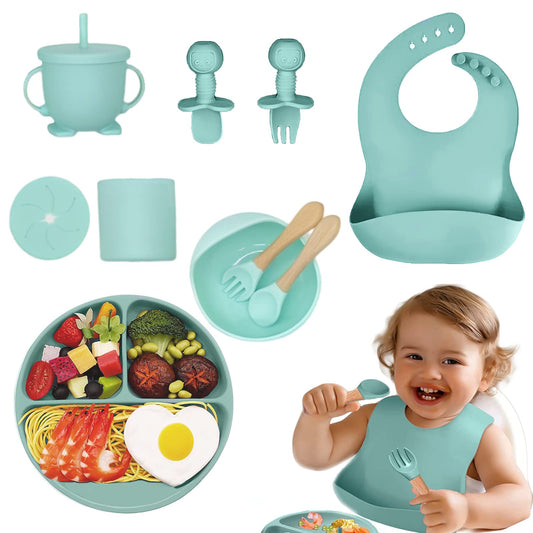 Set de Platos de Silicón para Bebé Verde Antivuelco Sin BPA