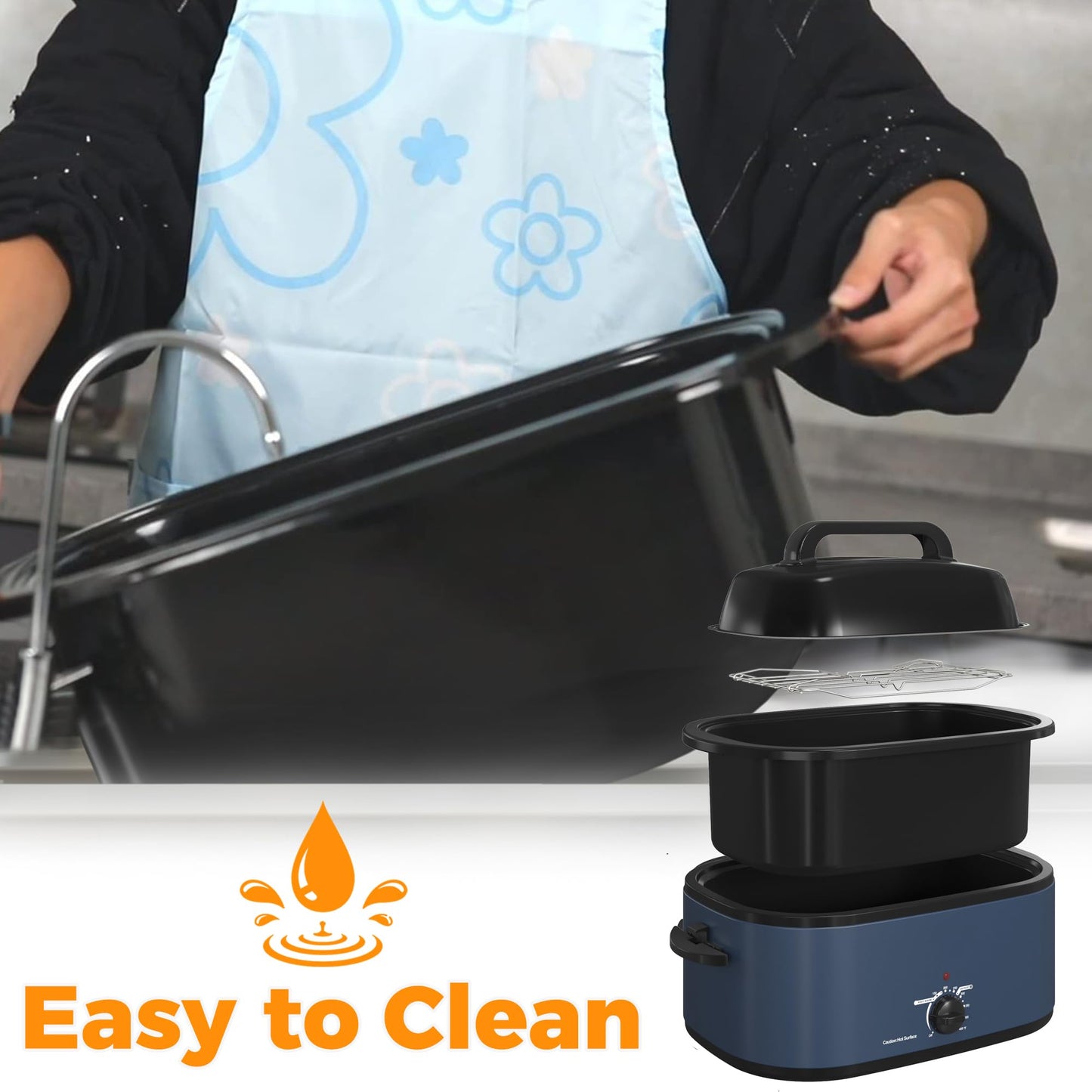 Horno tostador eléctrico de 26 cuartos Kiss the Water, con tapa visible y autohilado, función de descongelación caliente, temperatura ajustable, estante extraíble para sartén, acero inoxidable